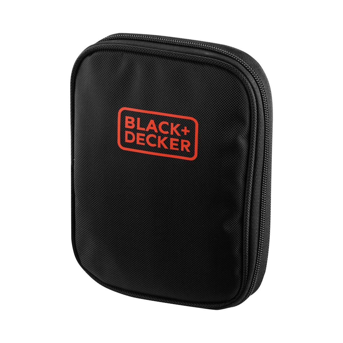 Turuncu Black+Decker logolu siyah fermuarlı çanta. Çanta dikdörtgen şeklinde ve hafif sağa doğru açılı.
