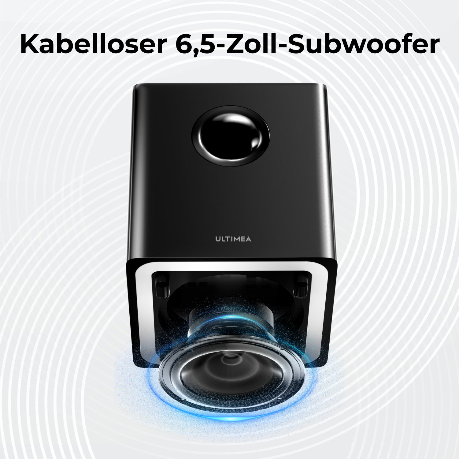 Schwarzer Subwoofer mit silbernem Lautsprecher, das Wort ULTIMEA ist sichtbar. Der Hintergrund ist weiß mit geschwungenen Linien.