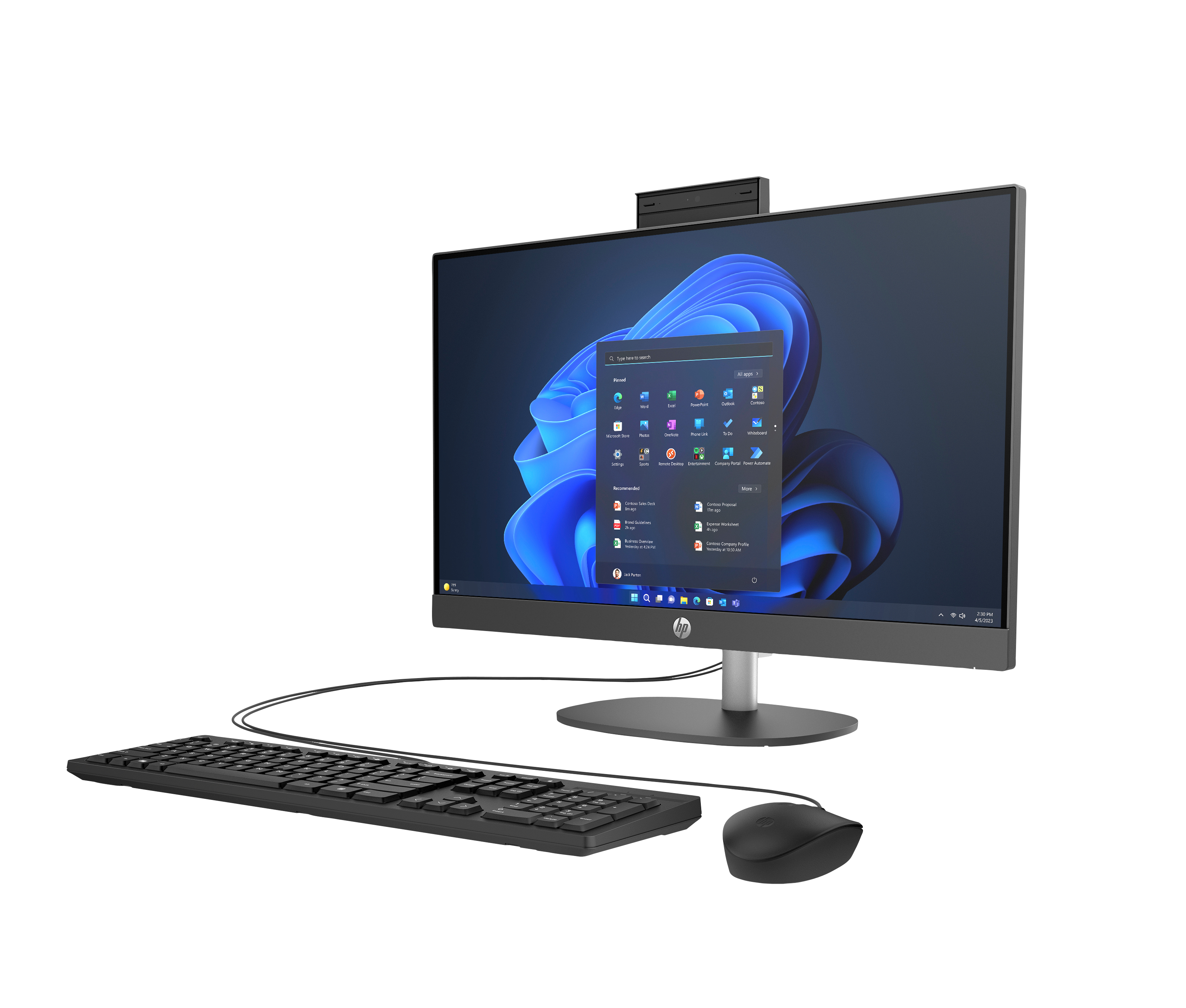 Komputer stacjonarny HP all-in-one z monitorem, klawiaturą i myszą na białym tle.