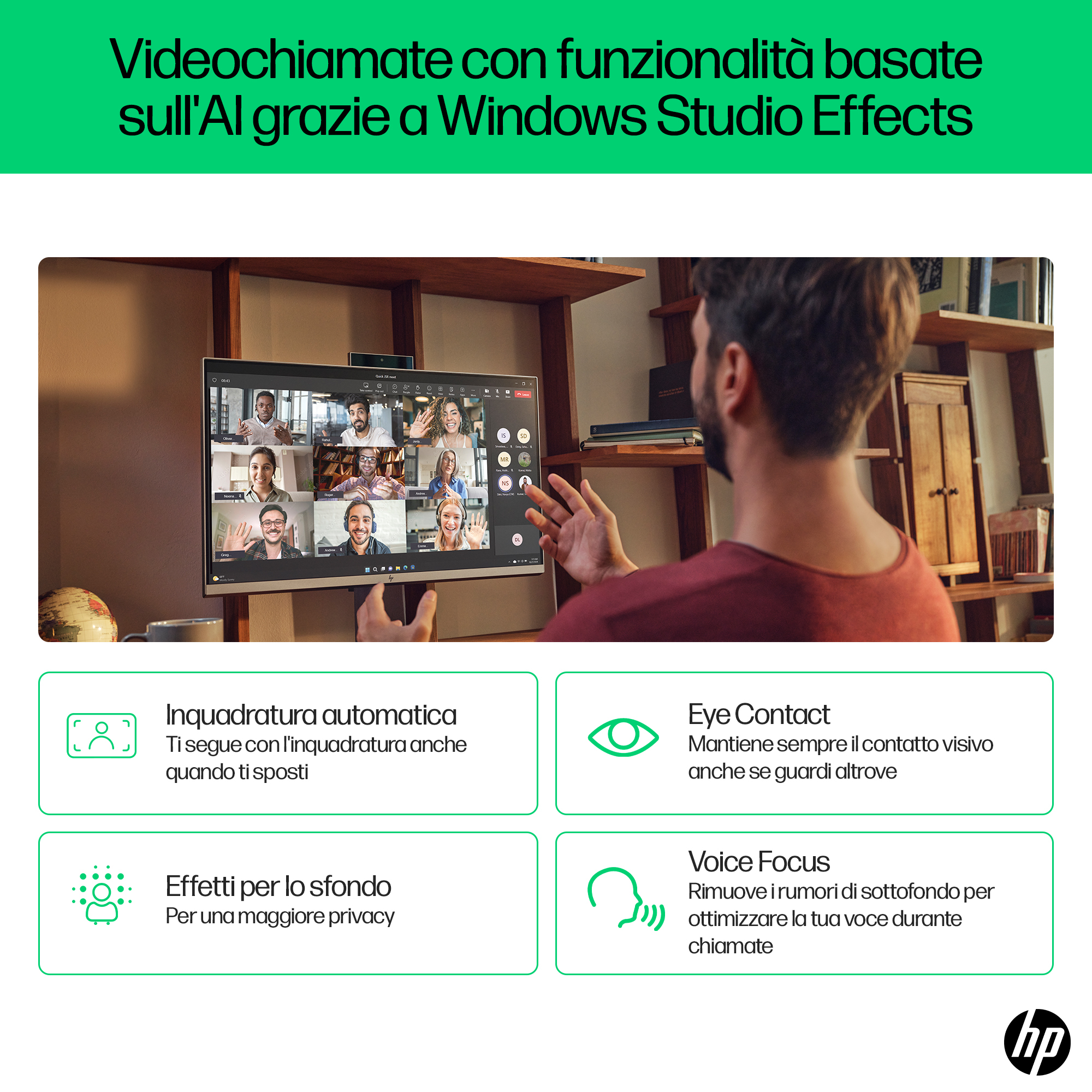 Mężczyzna używa monitora z uczestnikami rozmowy wideo. Wyświetlane są funkcje takie jak automatyczne kadrowanie, kontakt wzrokowy, efekty tła i fokus głosu.