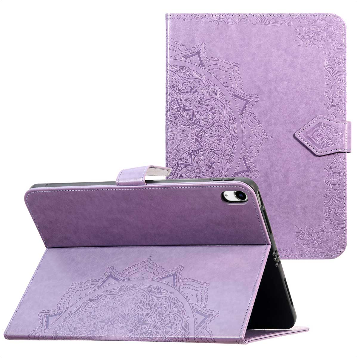 A purple tablet case with a mandala design is open, propped up. The case is leather-like with a magnetic closure.