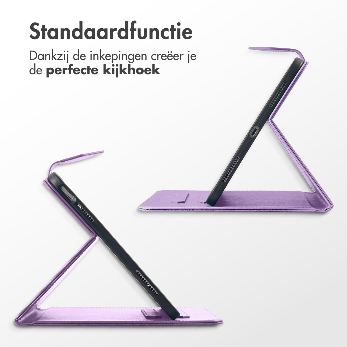 Two purple tablet cases are displayed, showcasing a stand function. The tablets are black, the background is white, and text is at the top.