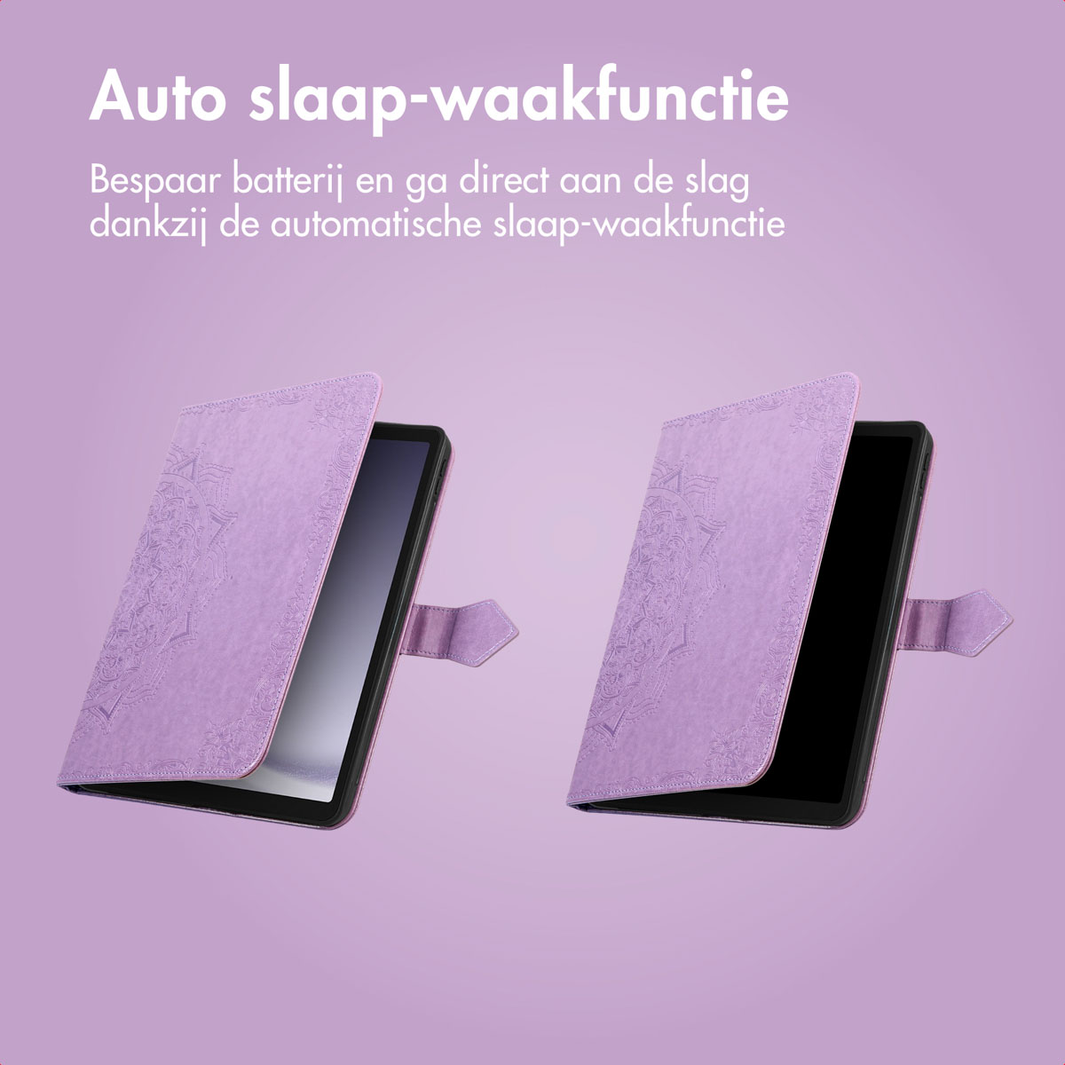 Two purple tablet cases are open, revealing screens. Text at the top reads 'Auto sleep-wake function'.
