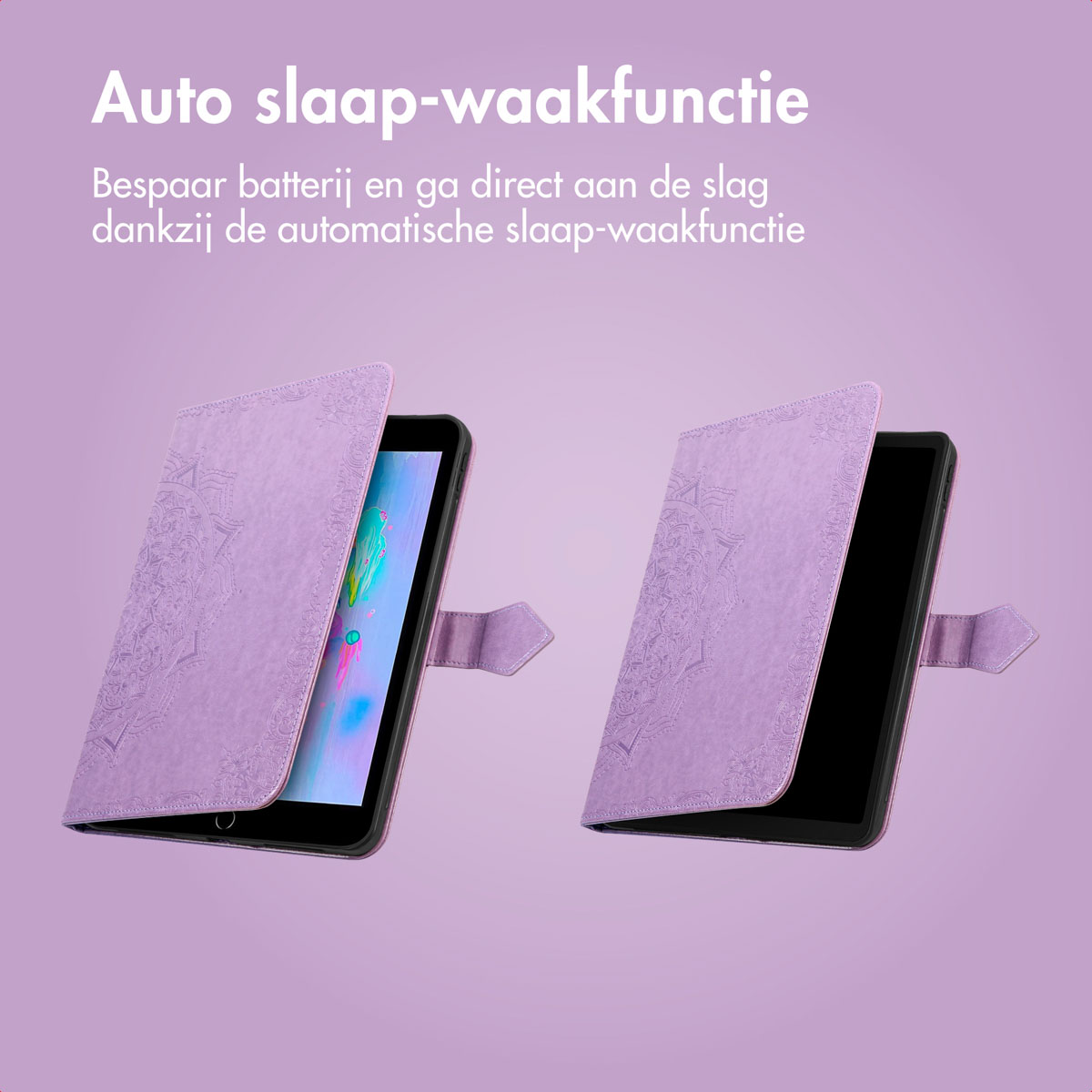 Two lavender tablet cases, one open showing a screen, the other closed. Text at the top reads: Auto sleep-wake function.