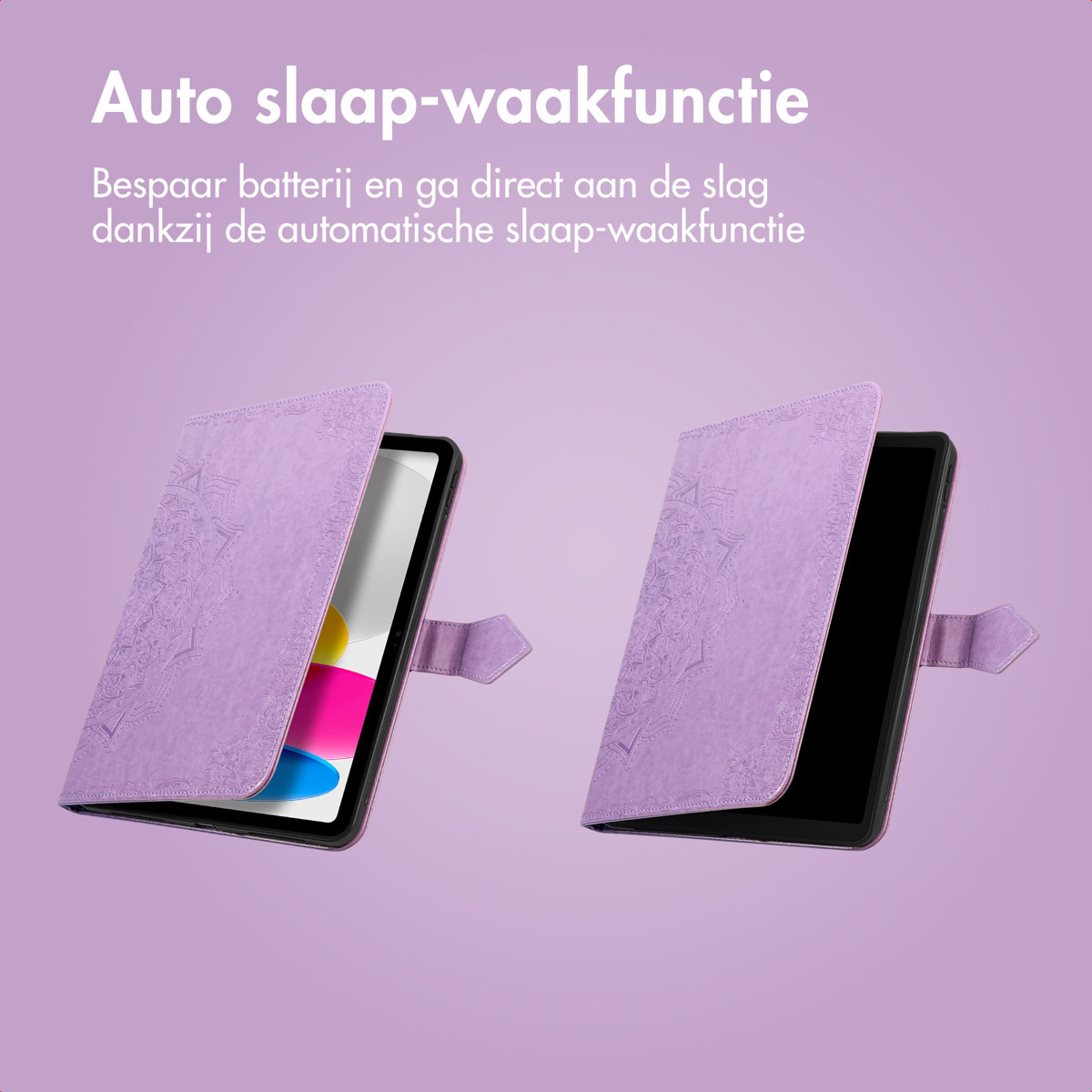 Two purple tablet cases, one open showing a screen. Text at top: Auto slaap-waakfunctie. Background is purple.