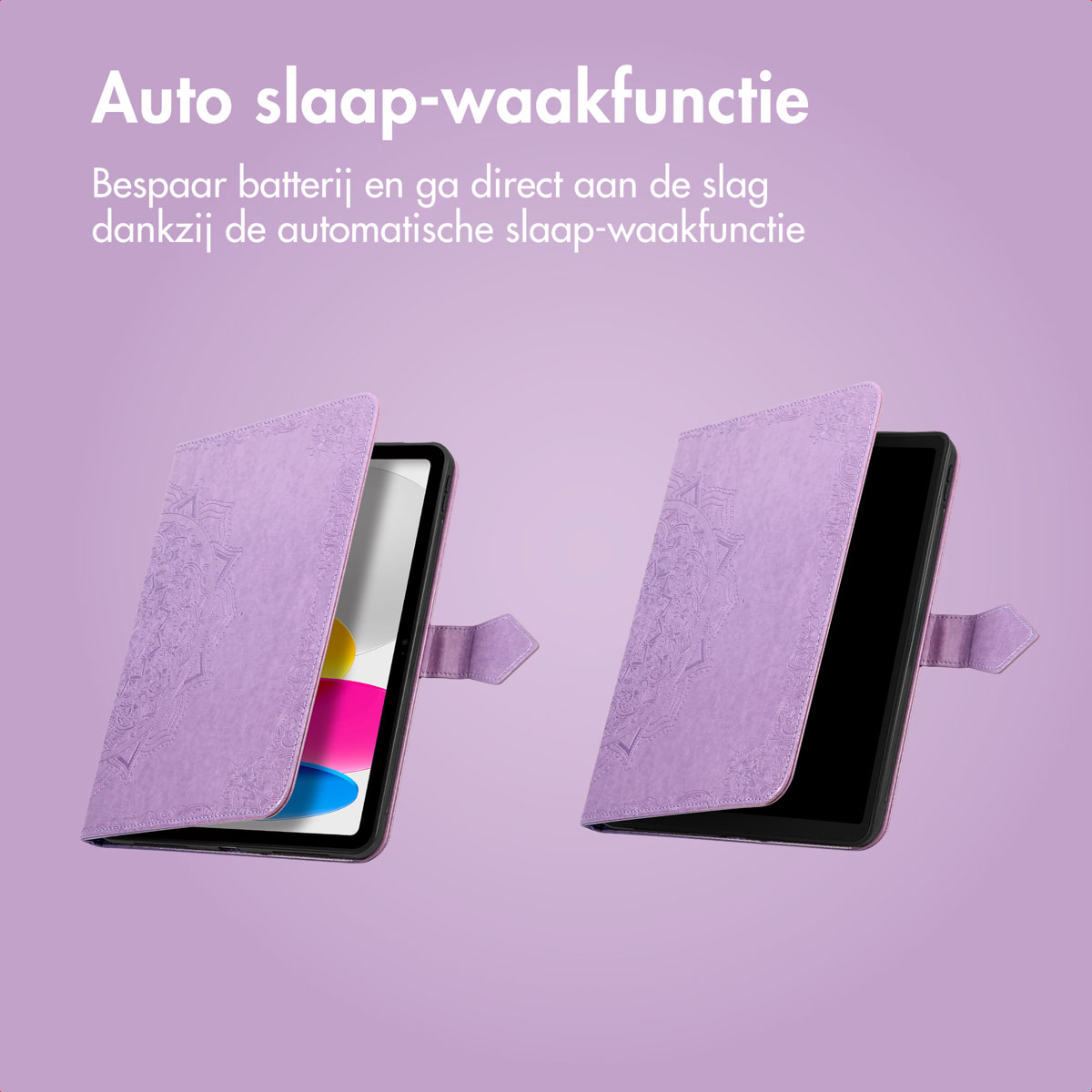 Two purple tablet cases, one open showing a screen and the other closed. Text in Dutch at the top.