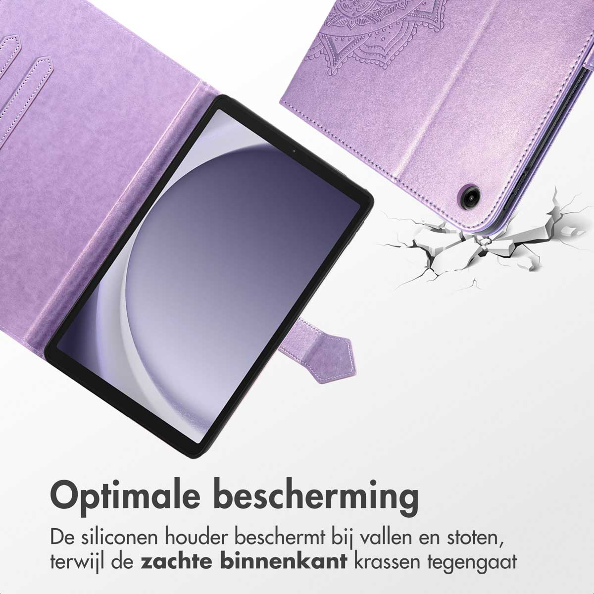 A tablet in a lavender case, with a cracked surface effect. Text reads 'Optimal protection'.