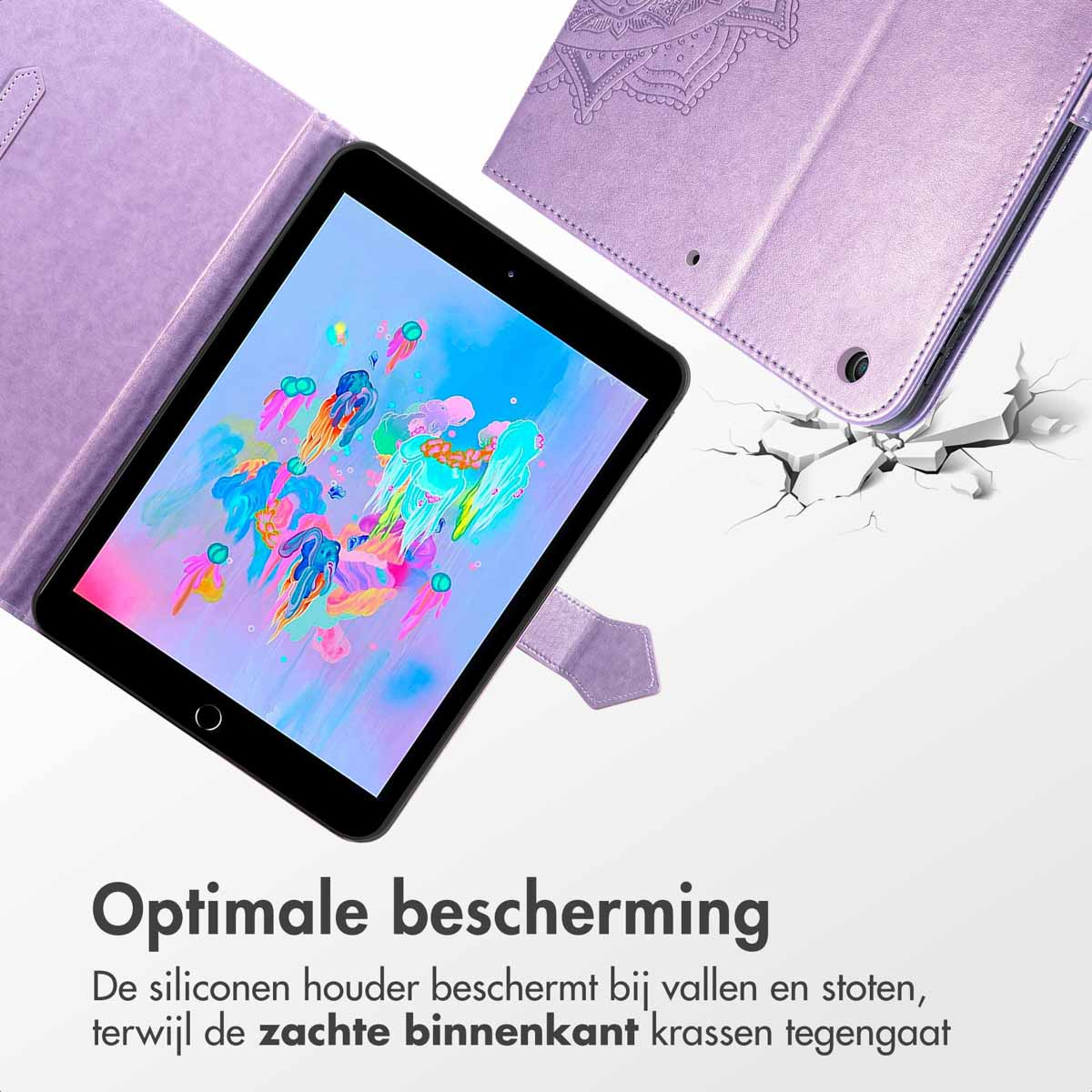A tablet in a purple case. The screen shows colorful abstract art. The case is open, with part of it on the right.