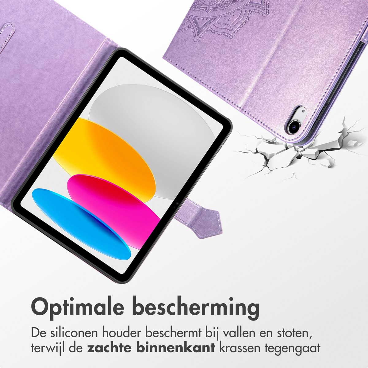 A purple tablet case with a tablet inside, cracked ground effect, and text 'Optimale bescherming'.