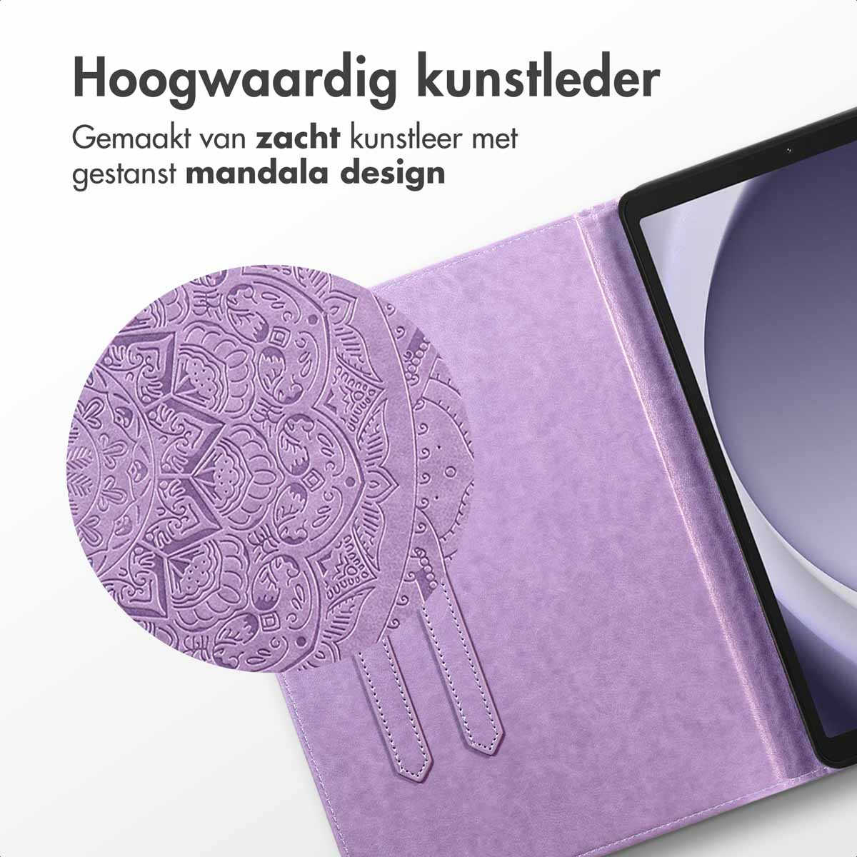 A close-up shows a lavender tablet case with mandala design.  The text says 'High-quality faux leather' and 'made of soft faux leather'.
