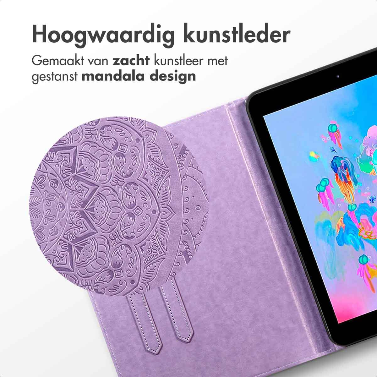 A purple tablet case with a mandala design is open, revealing a tablet screen with colorful graphics. Text in Dutch is above.