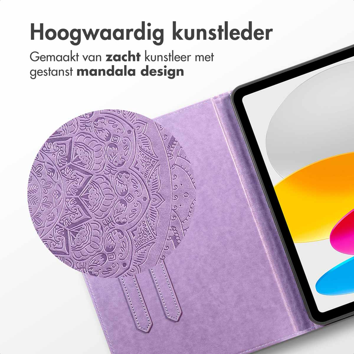 A purple tablet case with a mandala design. The case is open, revealing a tablet screen. Text reads 'High-quality leather'.