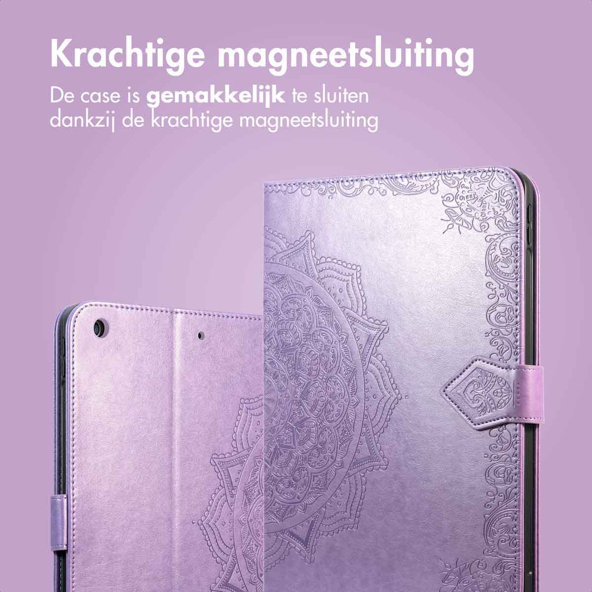 A purple tablet case with a detailed mandala design and a magnetic closure is displayed, with text promoting its ease of use.