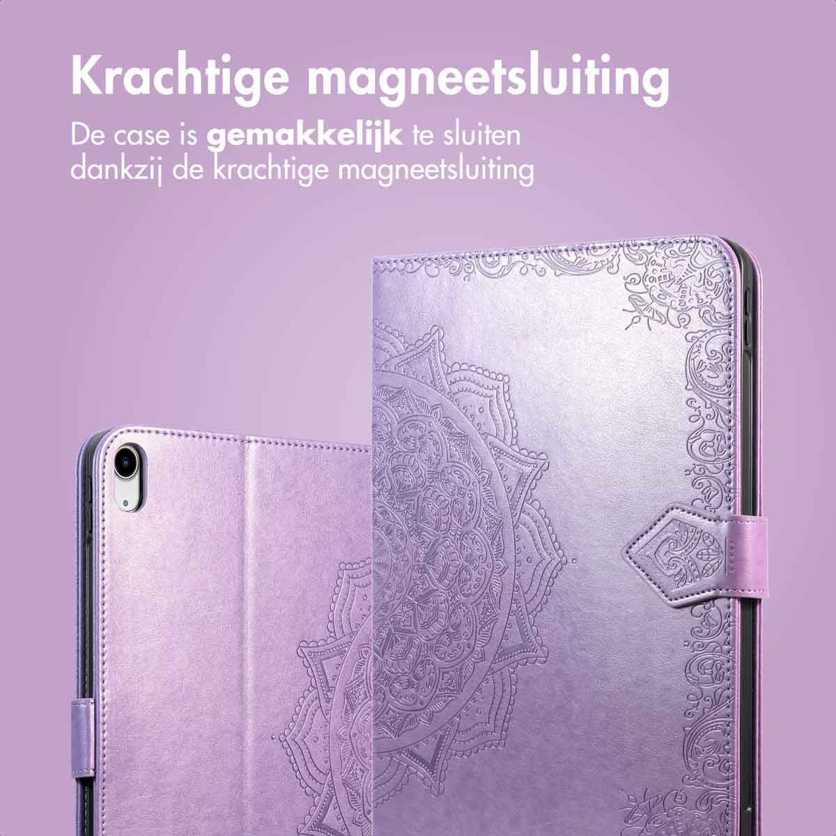 Two purple tablet cases. One is open, the other closed. Text at the top says 'Magnetic closure'.