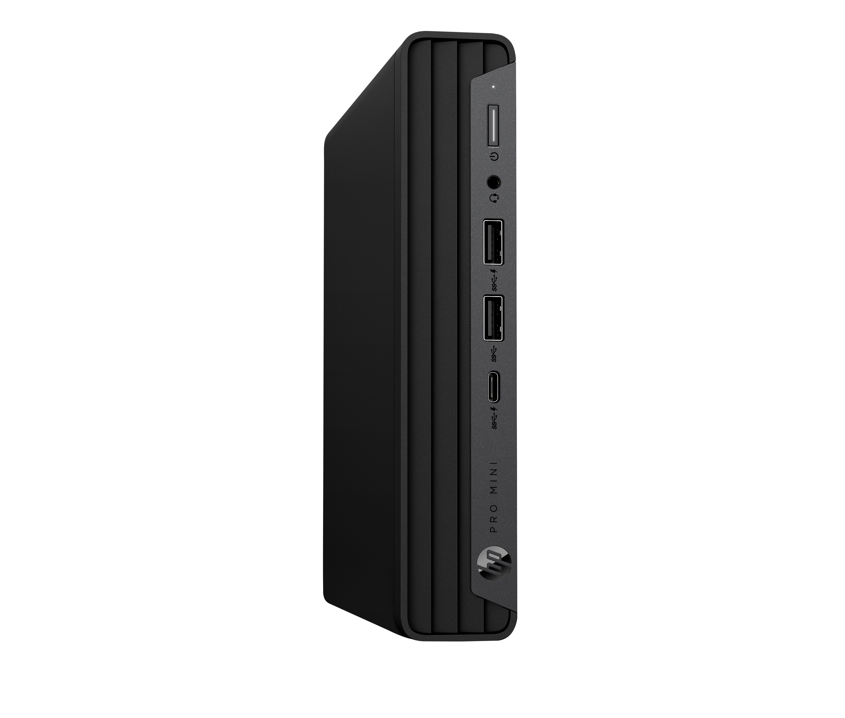 Un PC HP Pro Mini nero. Le porte visibili includono alimentazione, audio, USB e USB-C. Il lato è scanalato e ha un logo HP.
