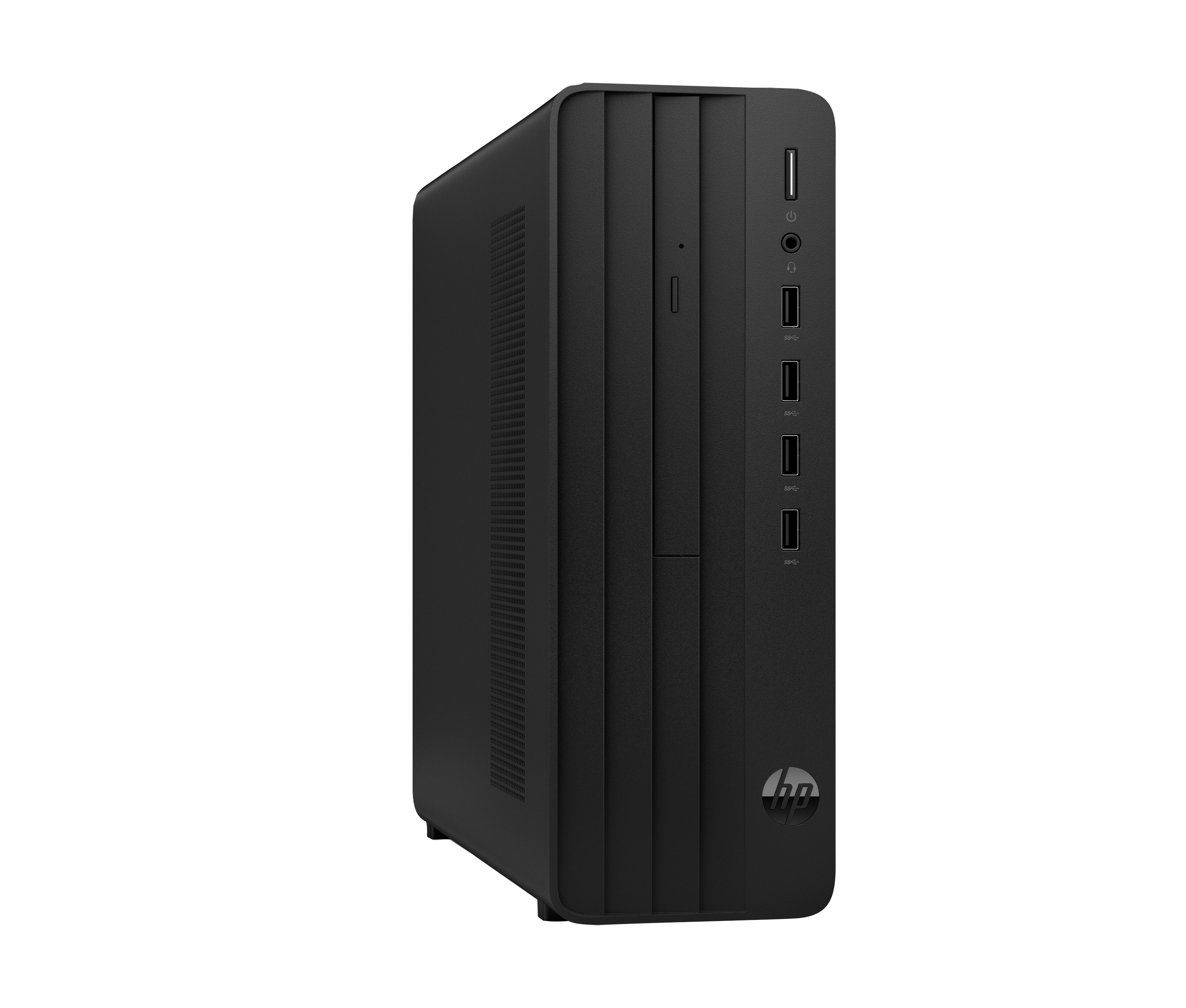 Un computer desktop HP nero su sfondo bianco. Ha diverse porte e il logo HP.