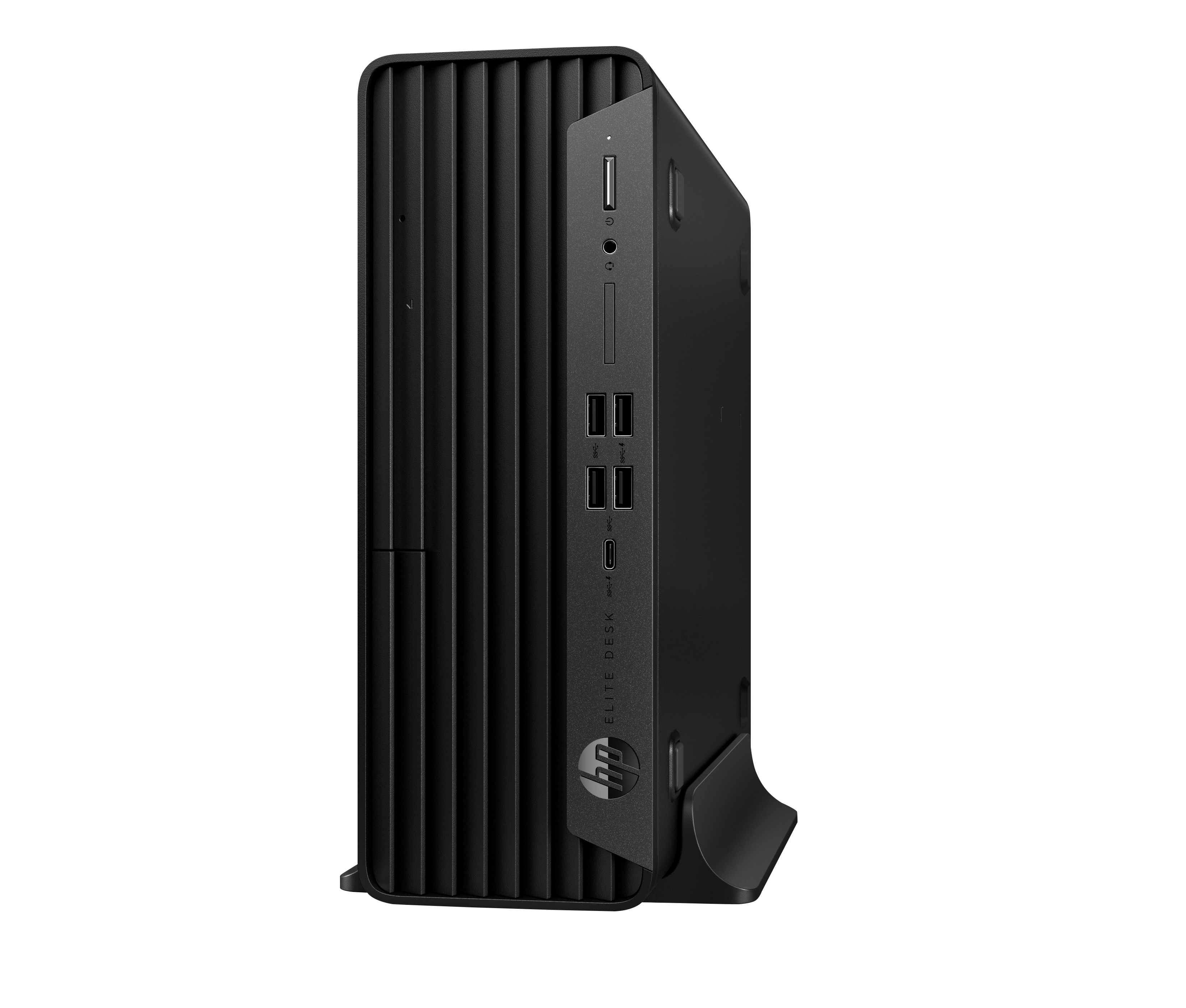 Computer HP EliteDesk nero. Ha delle linee verticali sul davanti. Il pannello laterale mostra le porte e il logo HP.