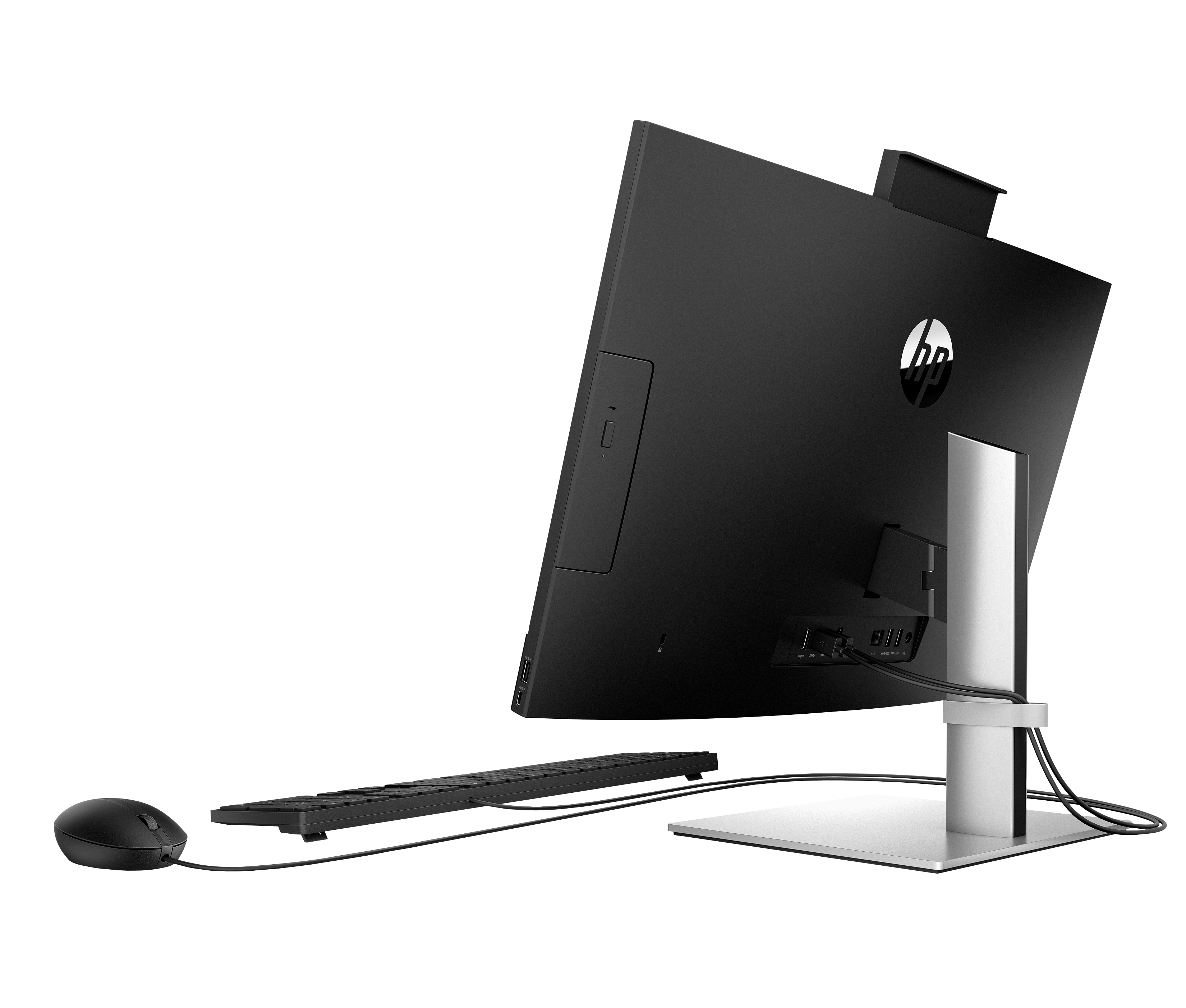 Computer all-in-one HP nero, tastiera e mouse. Lo schermo mostra il logo HP. Sfondo bianco.