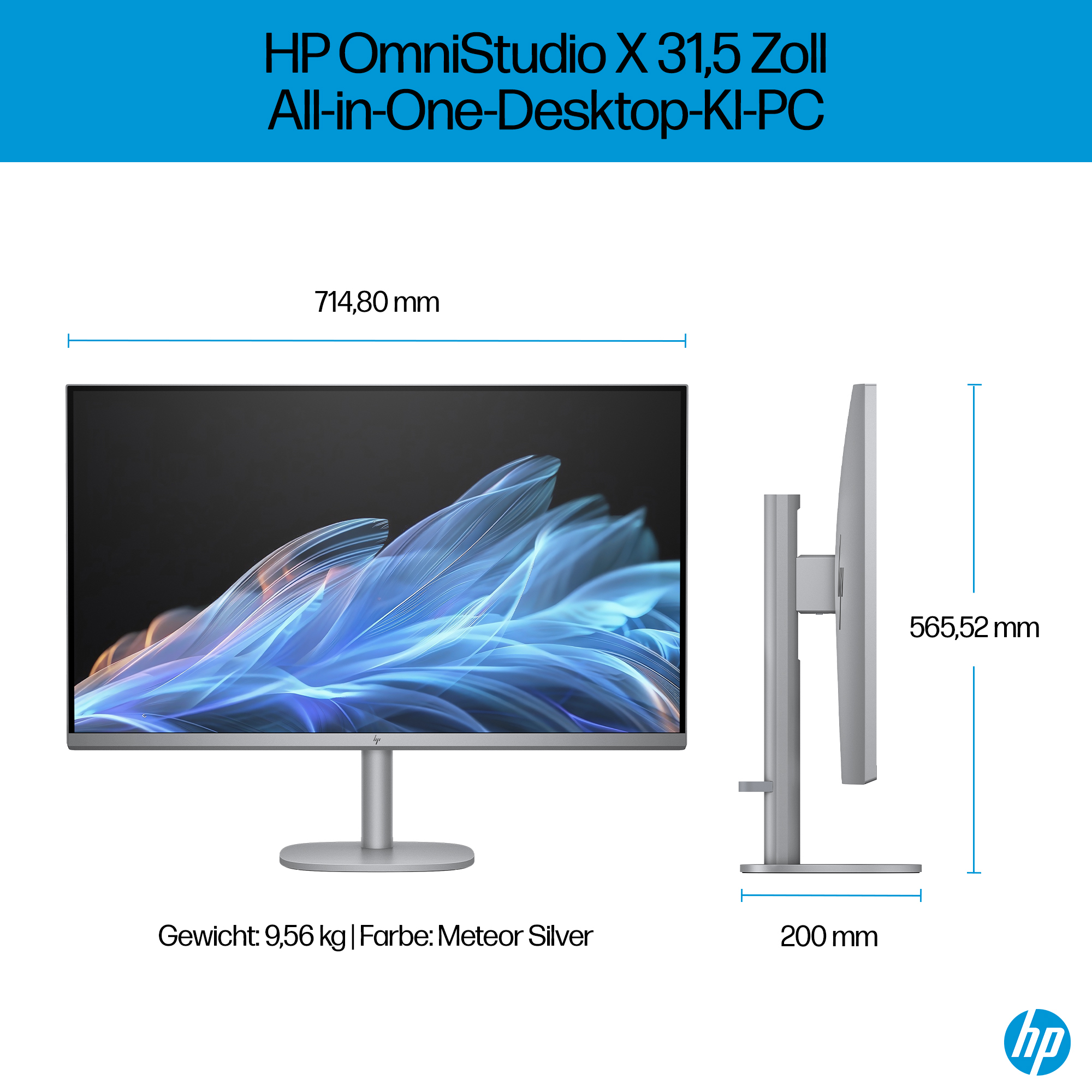 Ein silberner HP OmniStudio X 31,5 Zoll All-in-One-Desktop. Es hat einen großen Bildschirm, Ständer und das HP-Logo.