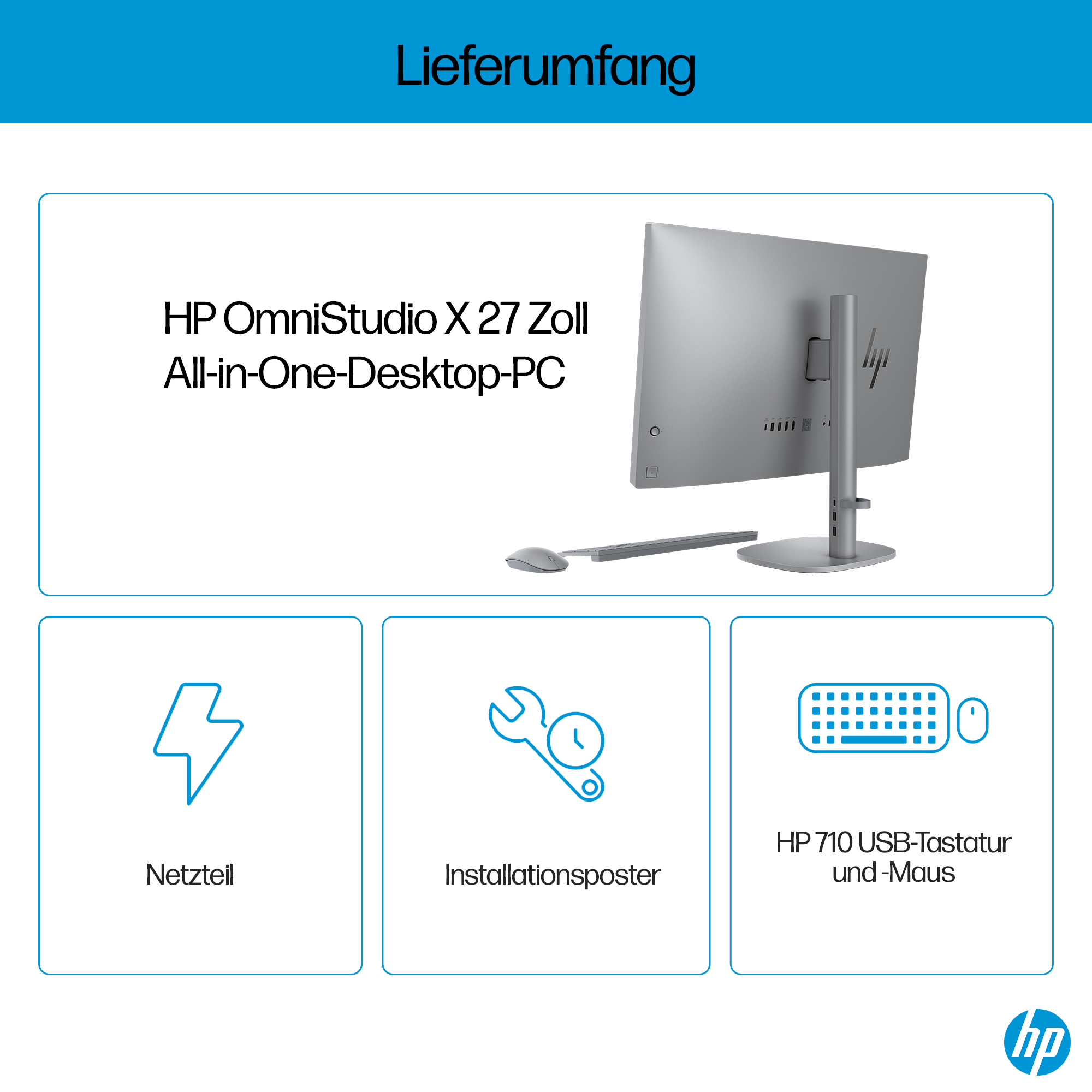 Obraz przedstawia HP OmniStudio X 27 cali All-in-One-Desktop-PC, Netzteil, Installationsposter oraz HP 710 USB Klawiatura i Mysz.