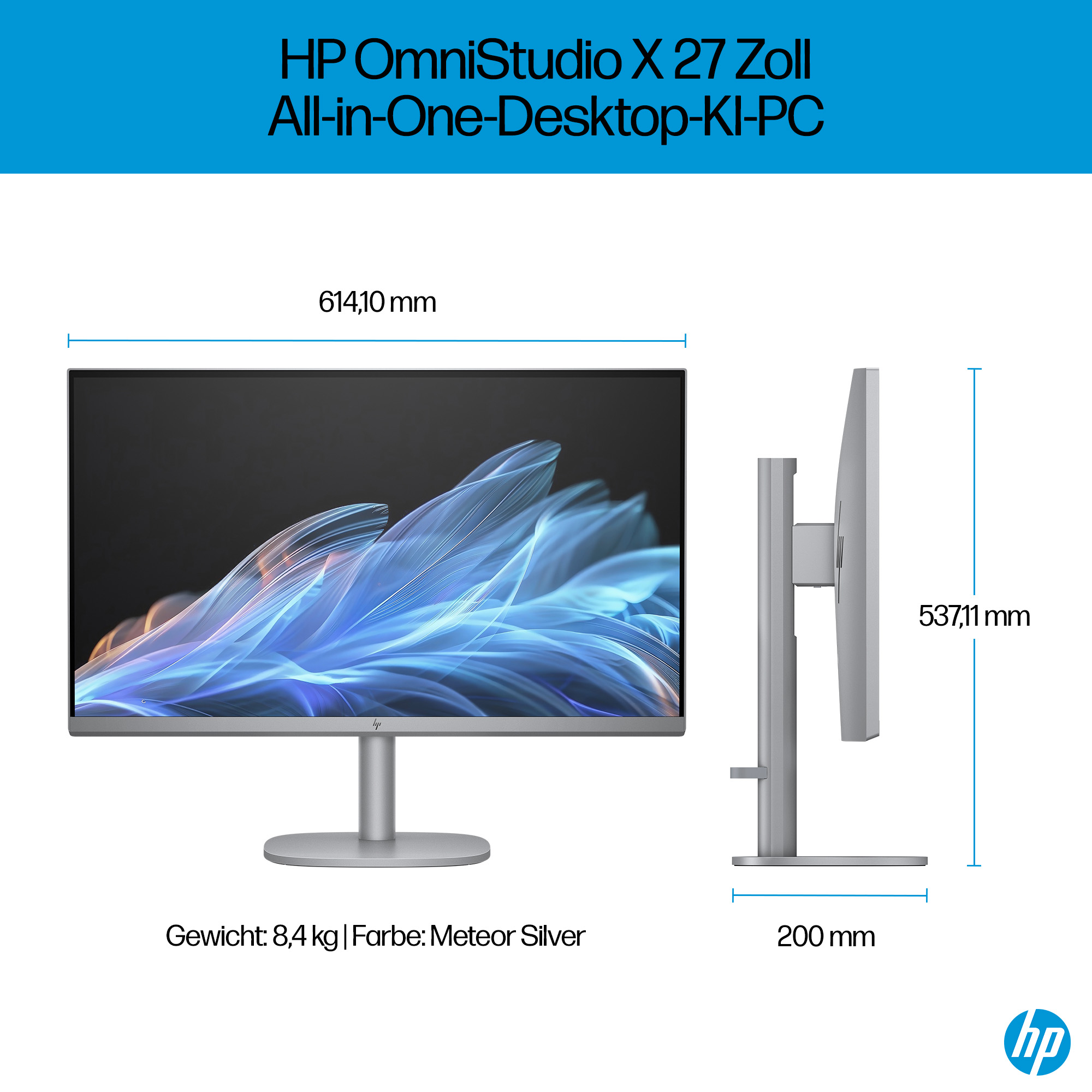 HP OmniStudio X 27 Zoll All-in-One-Desktop-KI-PC, srebrny monitor z wymiarami, wagą i logo HP.