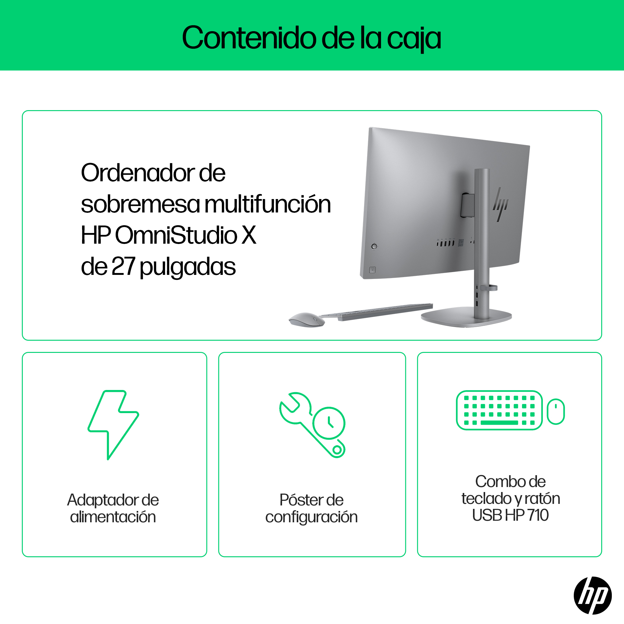 Obraz pokazuje HP OmniStudio X, akcesoria takie jak klawiatura, mysz i zasilacz. Zawartość pudełka jest wyświetlana.