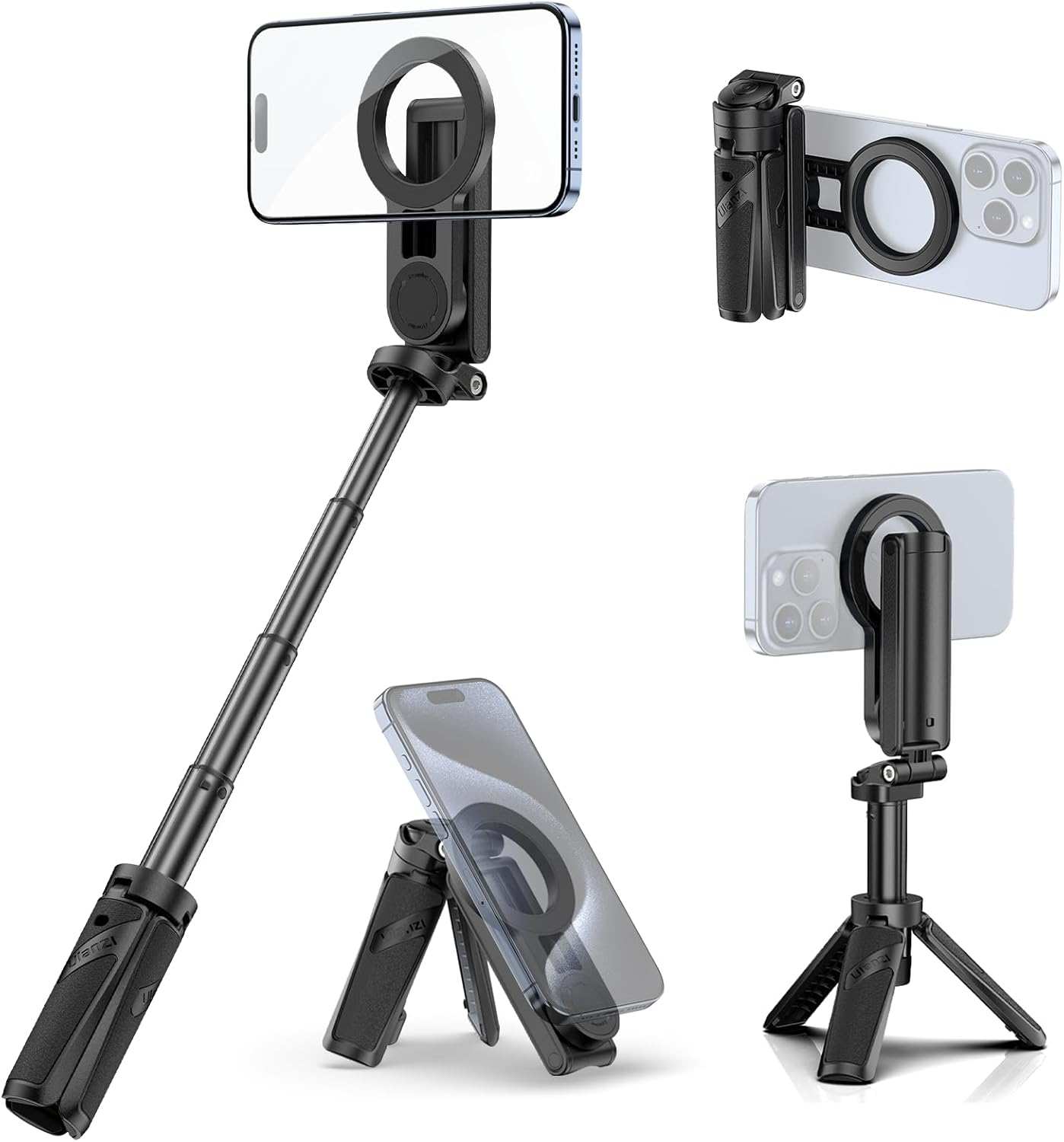 Un soporte negro para teléfono con funciones de palo selfie y trípode. Muestra un teléfono en diferentes posiciones, mostrando sus funciones.