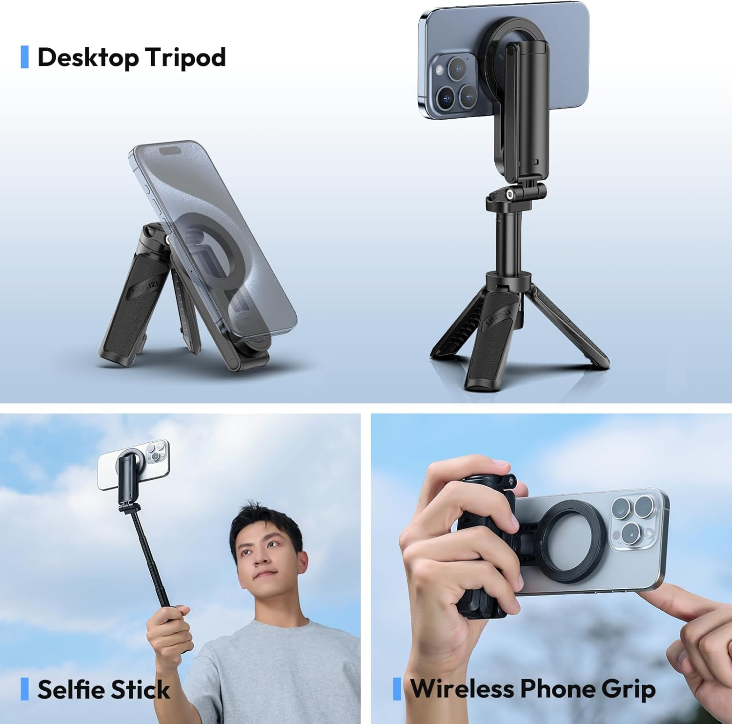 La imagen muestra un trípode de escritorio, un teléfono en un trípode, una persona usando un palo selfie y un agarre inalámbrico para teléfono.