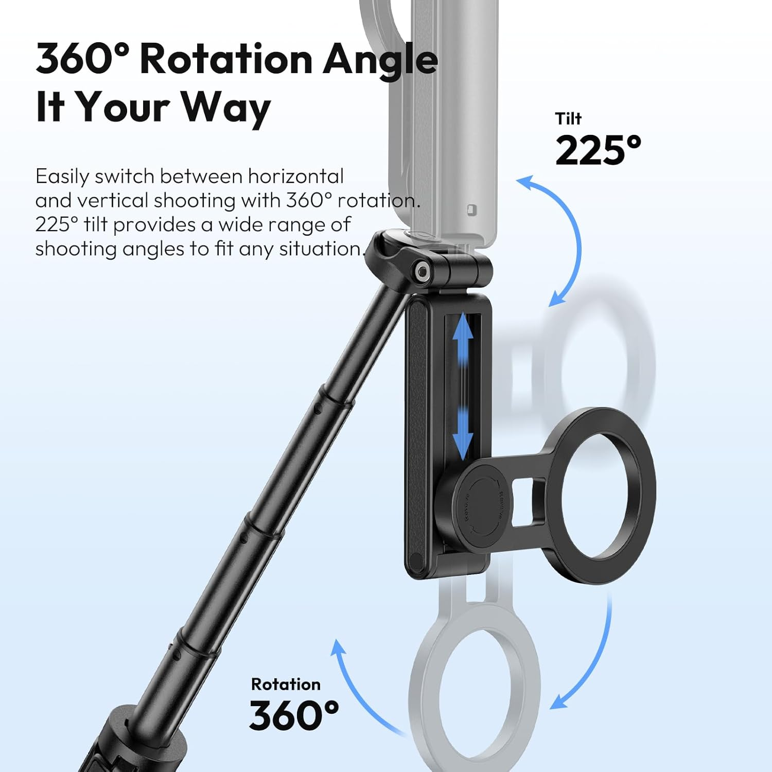 Un trípode negro con soporte para teléfono, que muestra rotación de 360 grados e inclinación de 225 grados. Texto: 360° Ángulo de rotación.