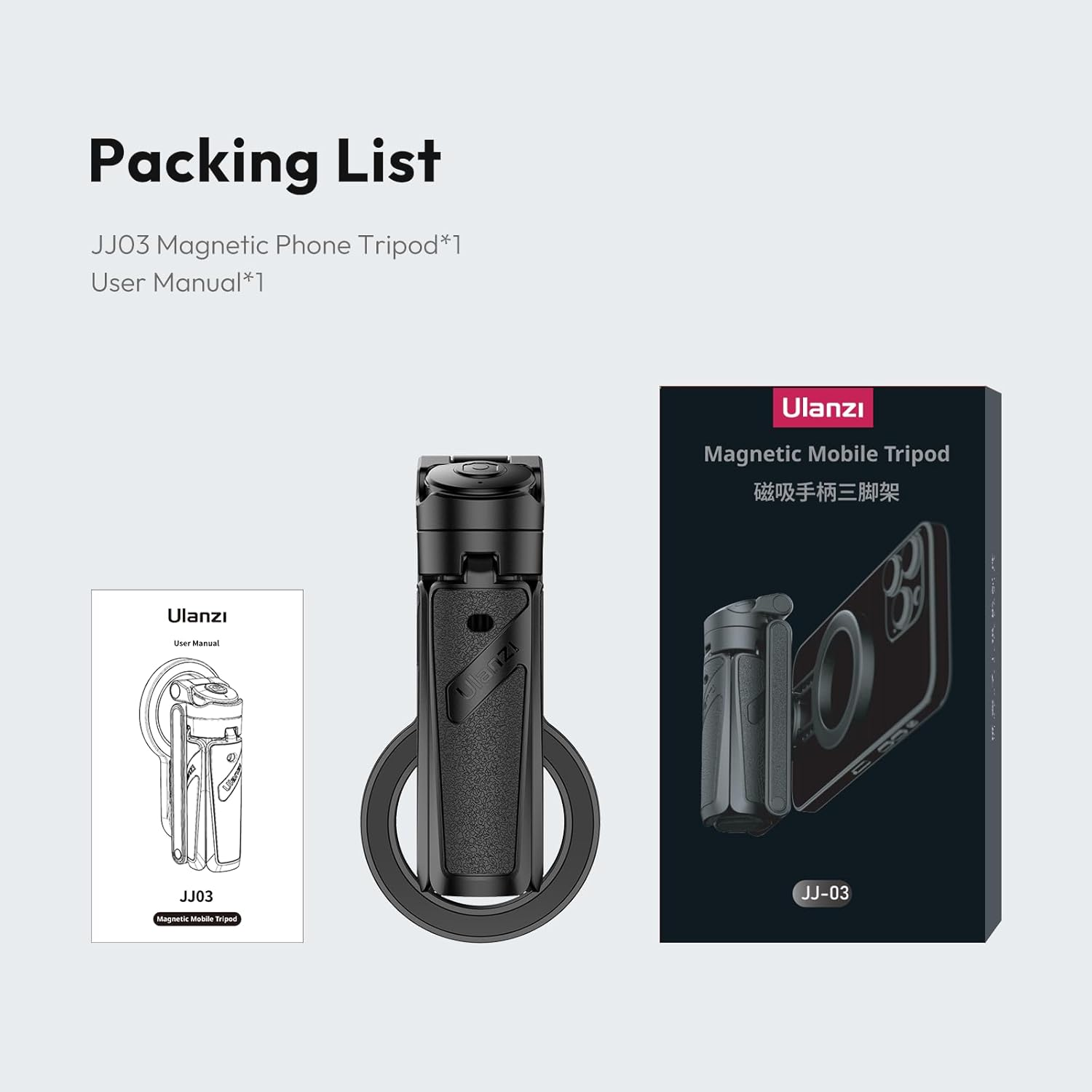 La lista de embalaje incluye un trípode para teléfono, un manual de usuario y un trípode móvil magnético. El fondo es blanco liso.