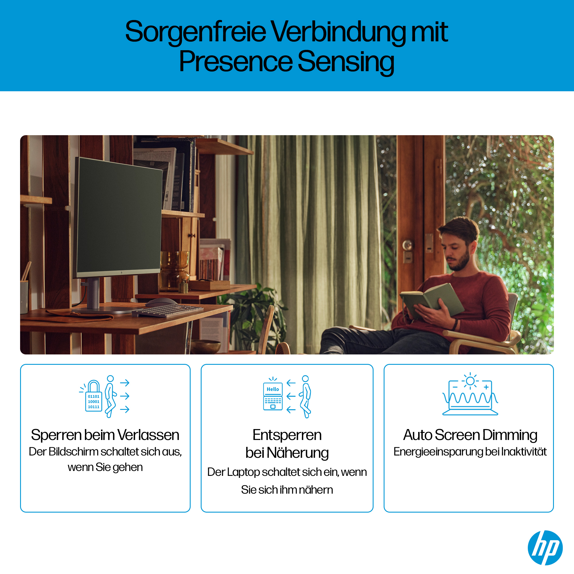 Mężczyzna czyta przy oknie. Monitor stoi na biurku. Tekst na ekranie: 'Sorgenfreie Verbindung mit Presence Sensing'.
