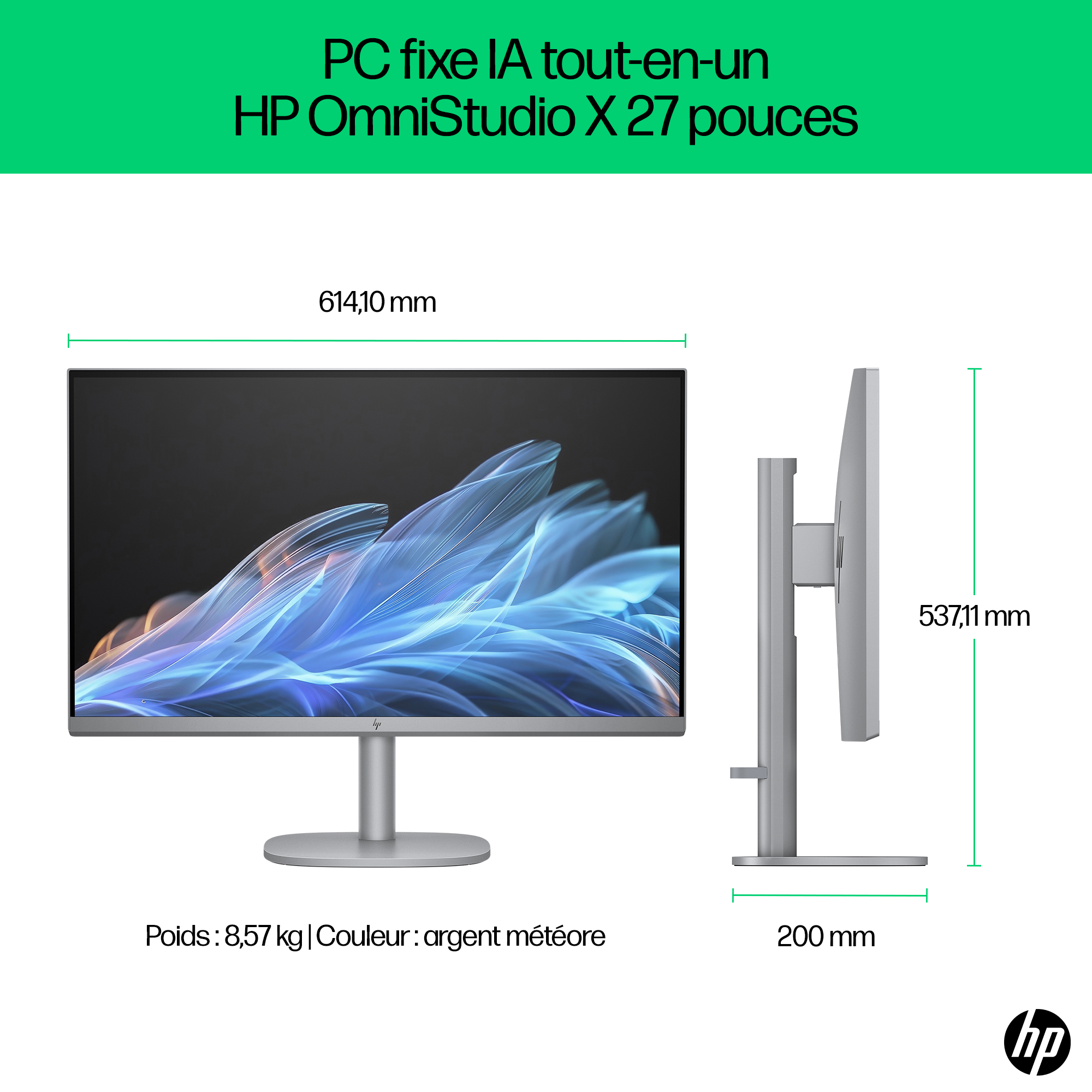 An HP OmniStudio X 27-inch all-in-one PC. Displayed with dimensions and weight information. The color is silver.