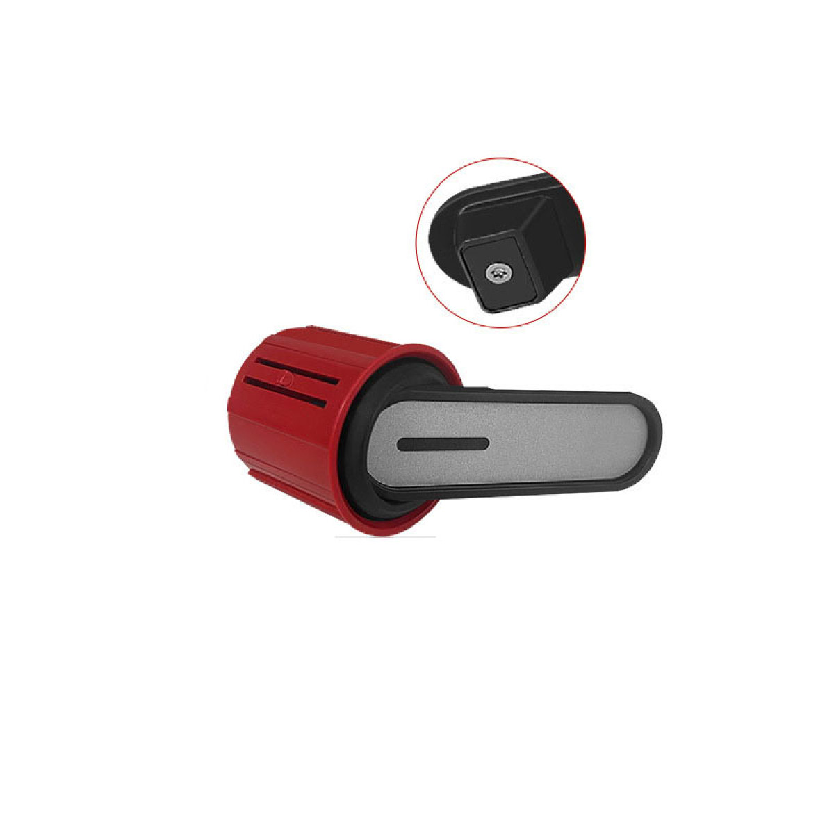 Ein rotes und schwarzes Gerät mit silbernem Griff wird gezeigt. Eine kleinere Version des Geräts befindet sich in einem roten Kreis im Hintergrund.