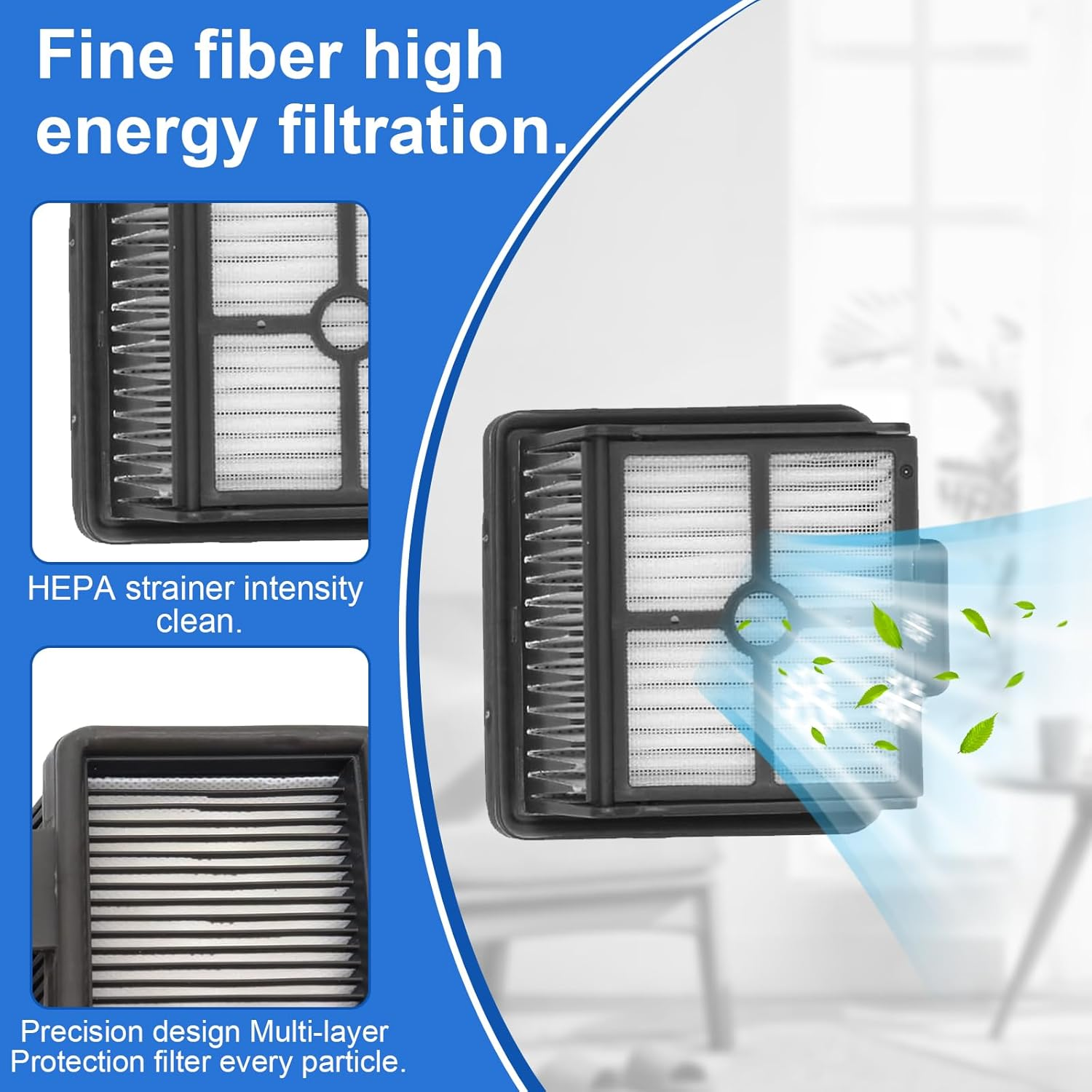 L'immagine mostra componenti del filtro per la purificazione dell'aria. Il testo evidenzia 'Filtrazione a fibra fine ad alta energia' e 'Filtro HEPA'.