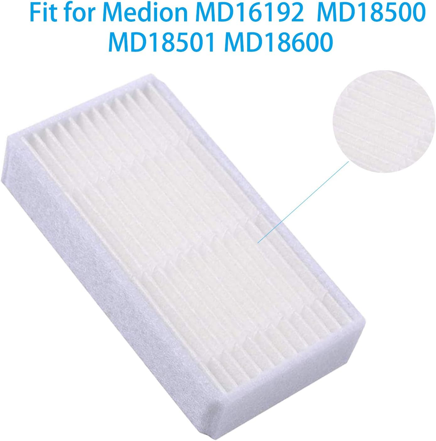 Un filtro dell'aria bianco di forma rettangolare, che mostra un primo piano della sua struttura a pieghe, su sfondo bianco.