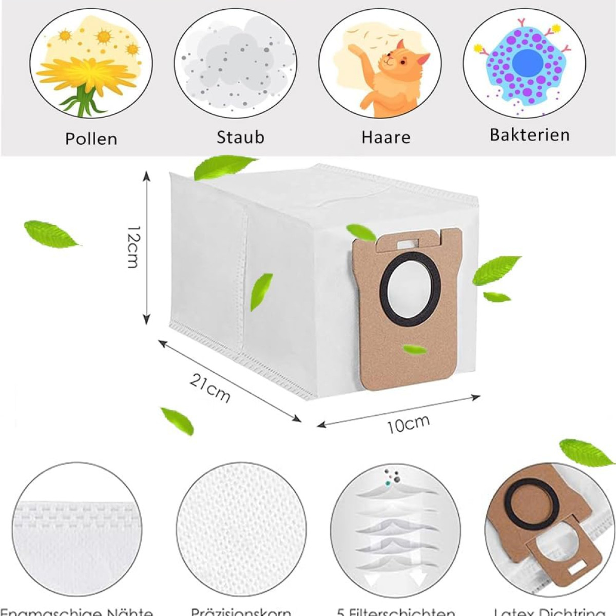 Sacco per aspirapolvere bianco con filtro marrone. Sopra illustrazioni di polline, polvere, peli e batteri. Dimensioni: 12 cm, 21 cm, 10 cm.