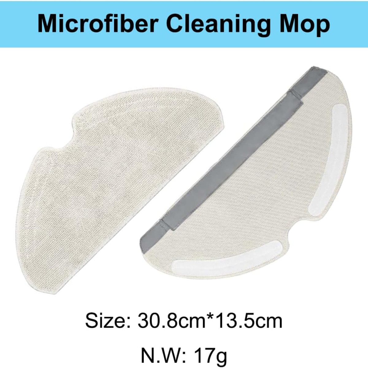Zwei Mikrofaser-Reinigungsmop-Pads. Eines ist oval, das andere hat einen grauen Streifen. Text sagt Größe und Nettogewicht.