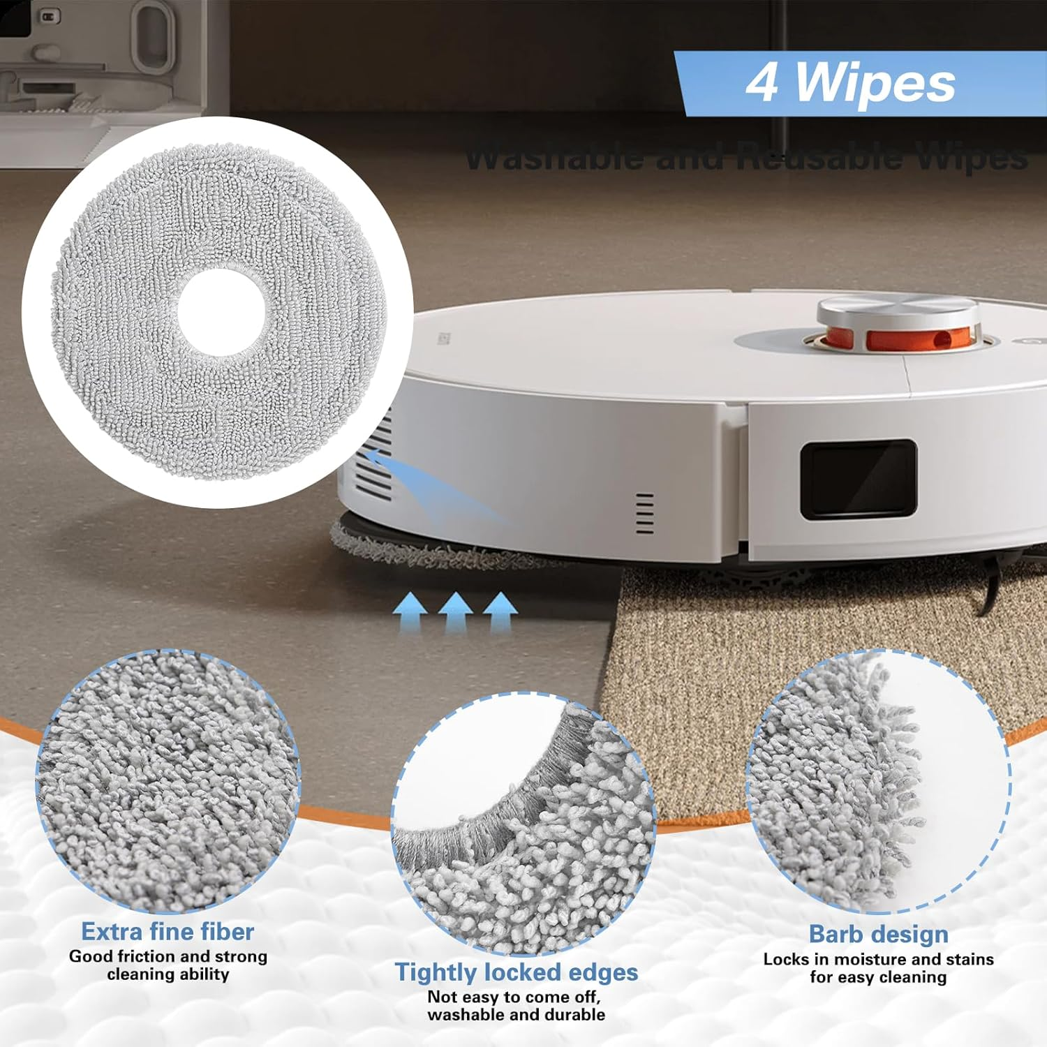 Un aspirapolvere robot con un tampone di pulizia rotondo. I dettagli mostrano la fibra, il blocco dei bordi e il design a barb. Etichetta: 4 salviette.