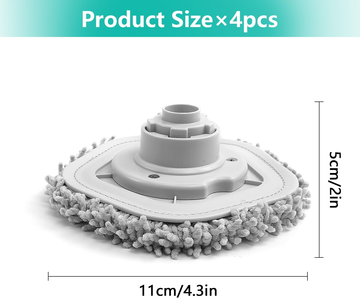 Grauer Wischmopp mit Maßangaben. Produktgröße: 11cm/4,3in x 5cm/2in. Oben steht: Produktgröße x 4 Stück.