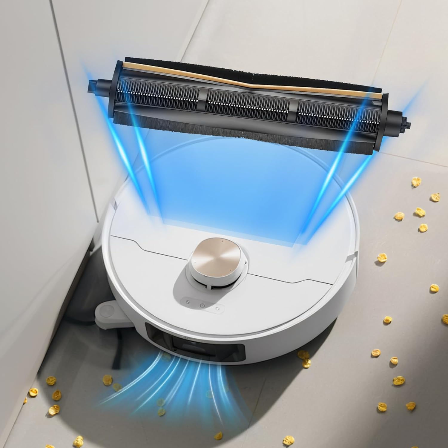 Un aspirapolvere robotico bianco con una spazzola nera sta pulendo il pavimento. Raggi di energia blu circondano l'aspirapolvere.