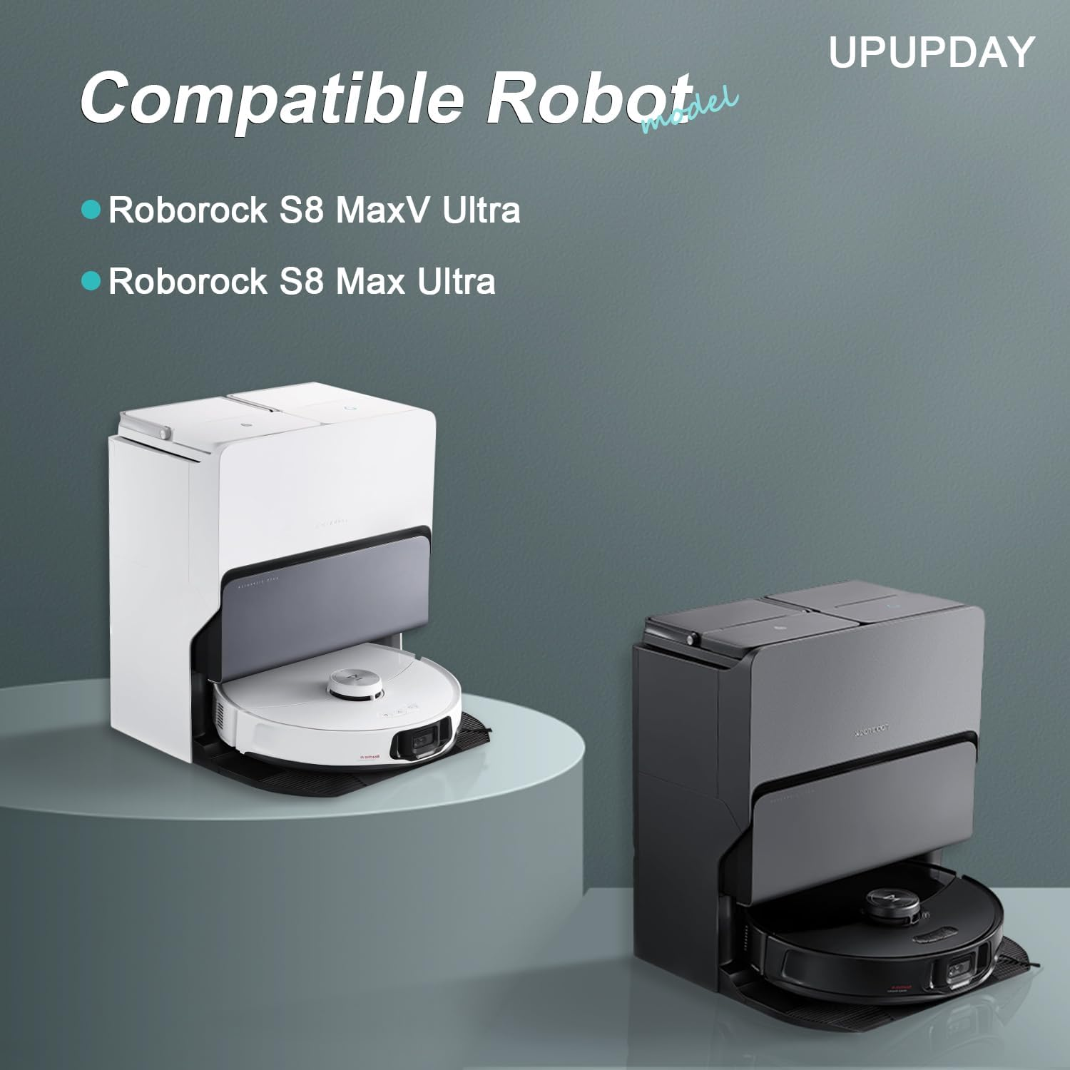 Due robot aspirapolvere su supporti. Uno bianco, uno nero, con testo in alto a sinistra: Robot compatibile, e nome del marchio in alto a destra: UPUPDAY.