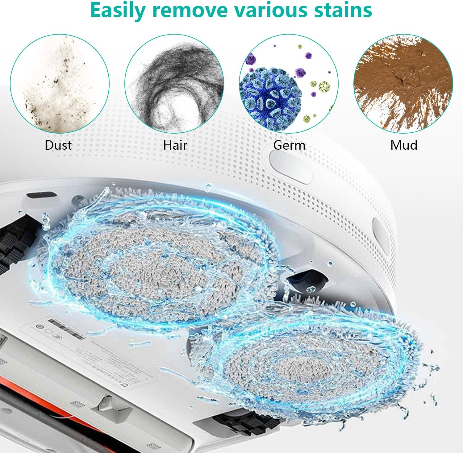 Ein Bild, das einen Reinigungsroboter zeigt, der Staub, Haare, Keime und Schlamm entfernt. Der Roboter hat zwei rotierende Reinigungspads. Das Bild ist weiß.