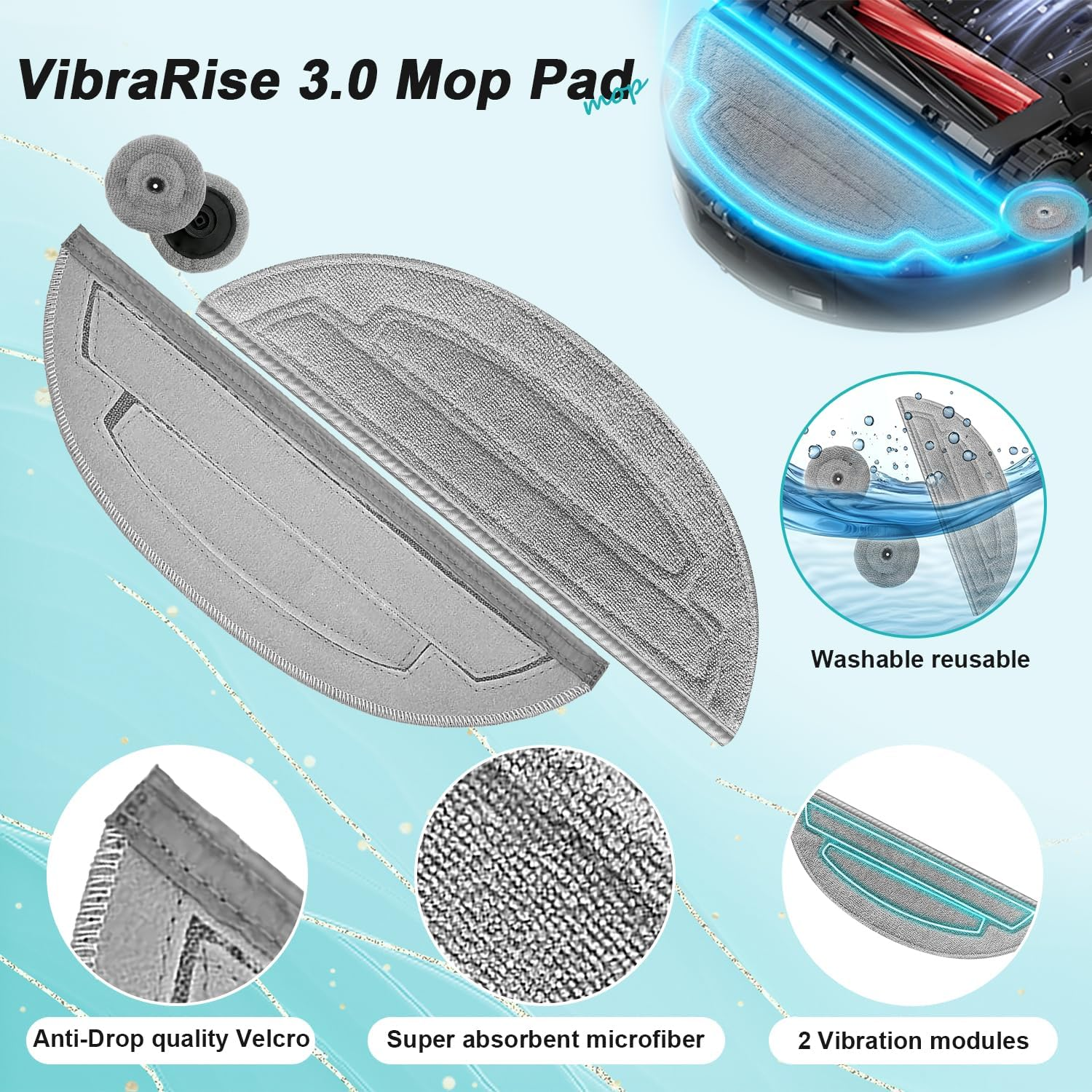 L'immagine mostra un panno per mocio VibraRise 3.0 con dettagli come velcro, microfibra e moduli di vibrazione, insieme a un robot aspirapolvere.