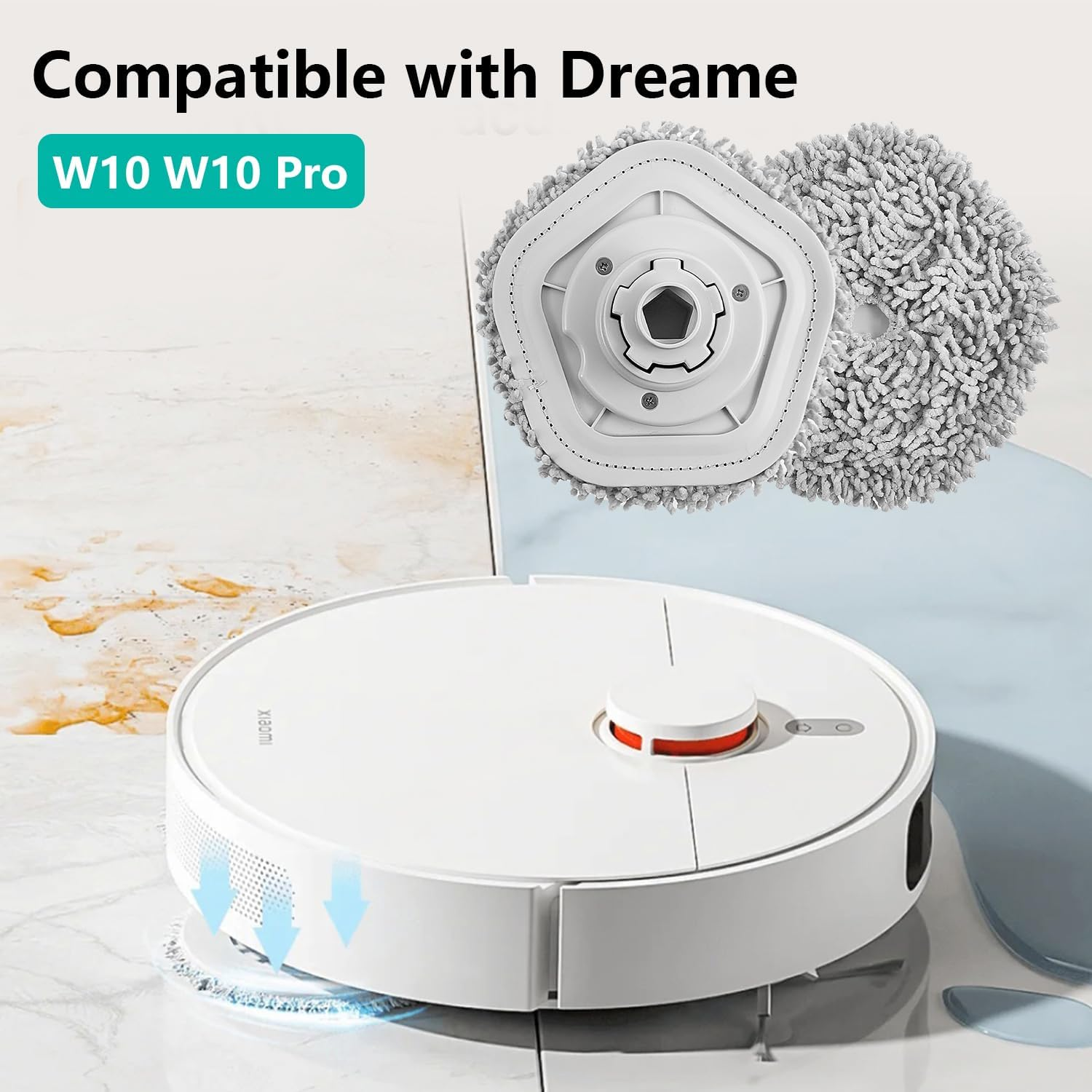 Ein weißer Roboter-Staubsauger und Reinigungs-Pads. Der Text oben lautet 'Kompatibel mit Dreame'. Der Boden ist gefliest.