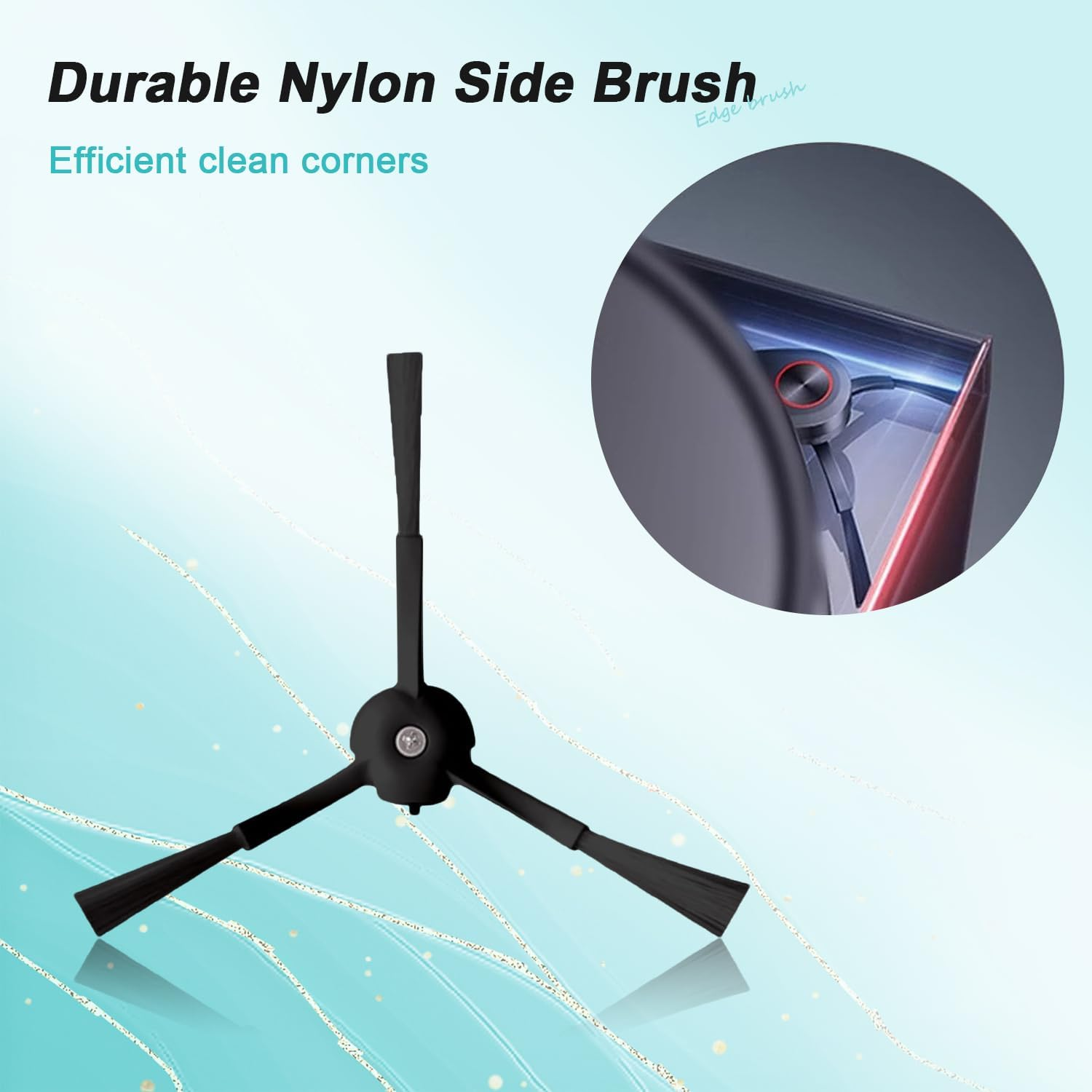 Spazzola laterale in nylon nero per una pulizia efficiente. Un'immagine circolare mostra un dettaglio dell'aspirapolvere. Testo: Spazzola laterale in nylon resistente.