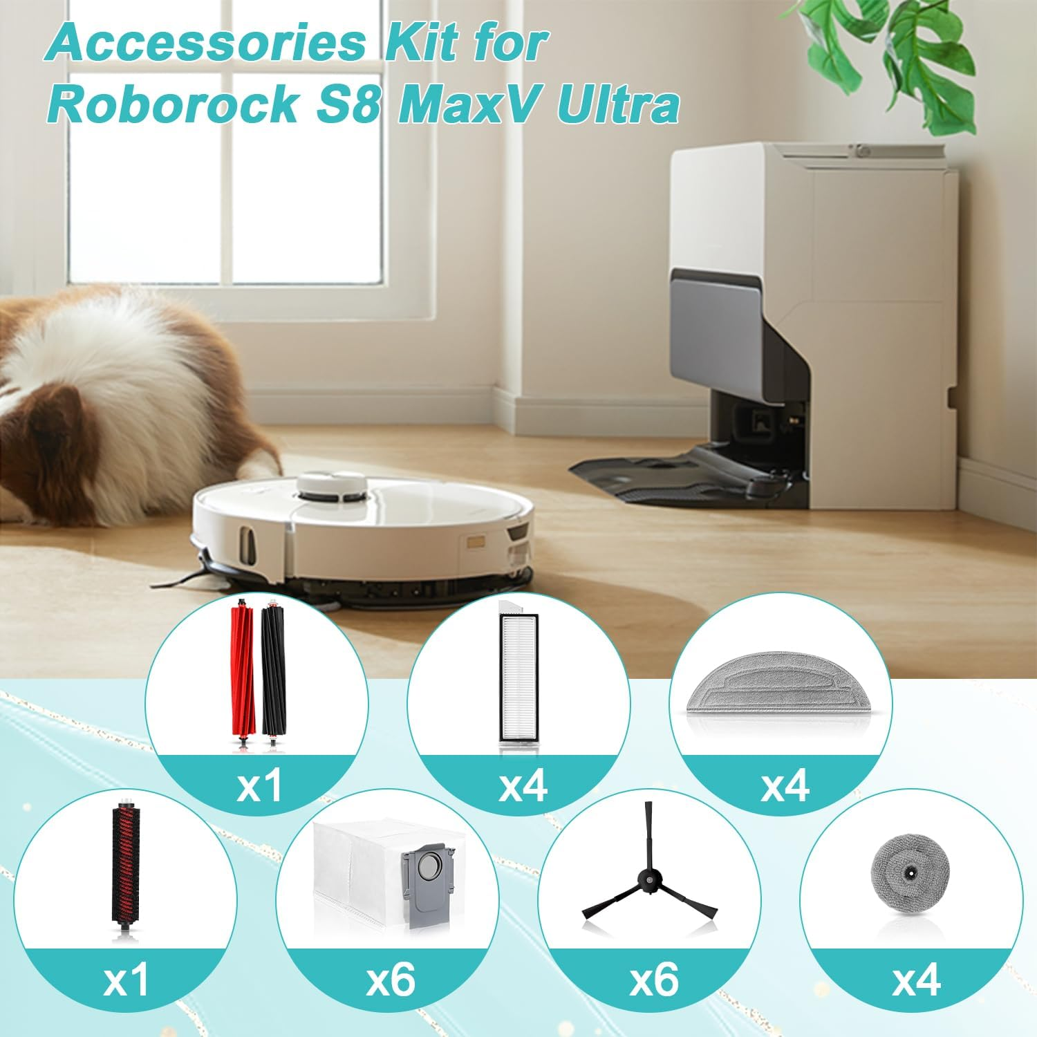 Kit accessori per Roborock S8 MaxV Ultra. Include spazzole, filtri e panni per la pulizia. Sono visibili anche un robot aspirapolvere e la sua base.