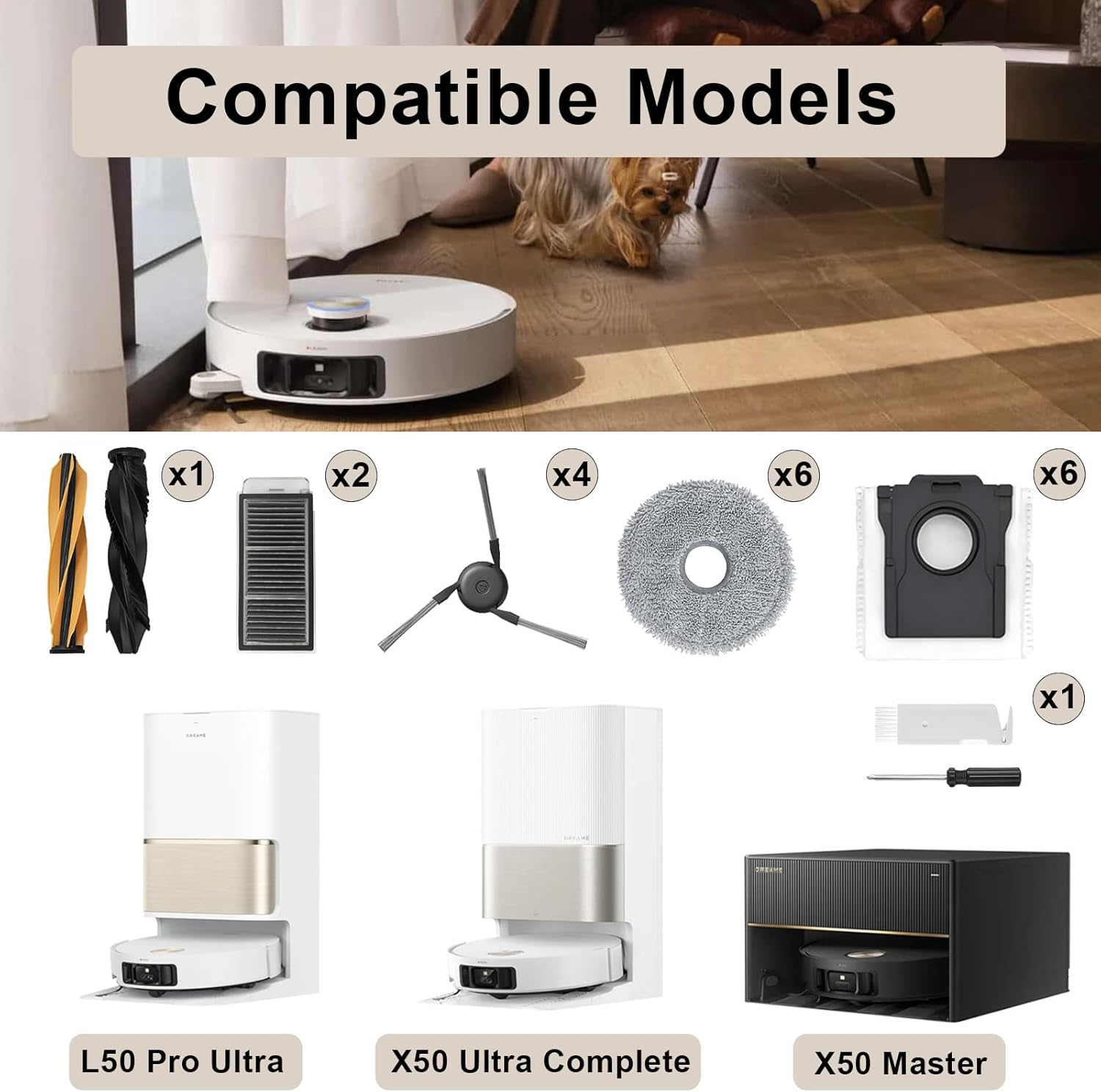 L'immagine mostra modelli compatibili di aspirapolvere robotici, accessori e un cane. I modelli includono L50 Pro Ultra, X50 Ultra Complete e X50 Master.