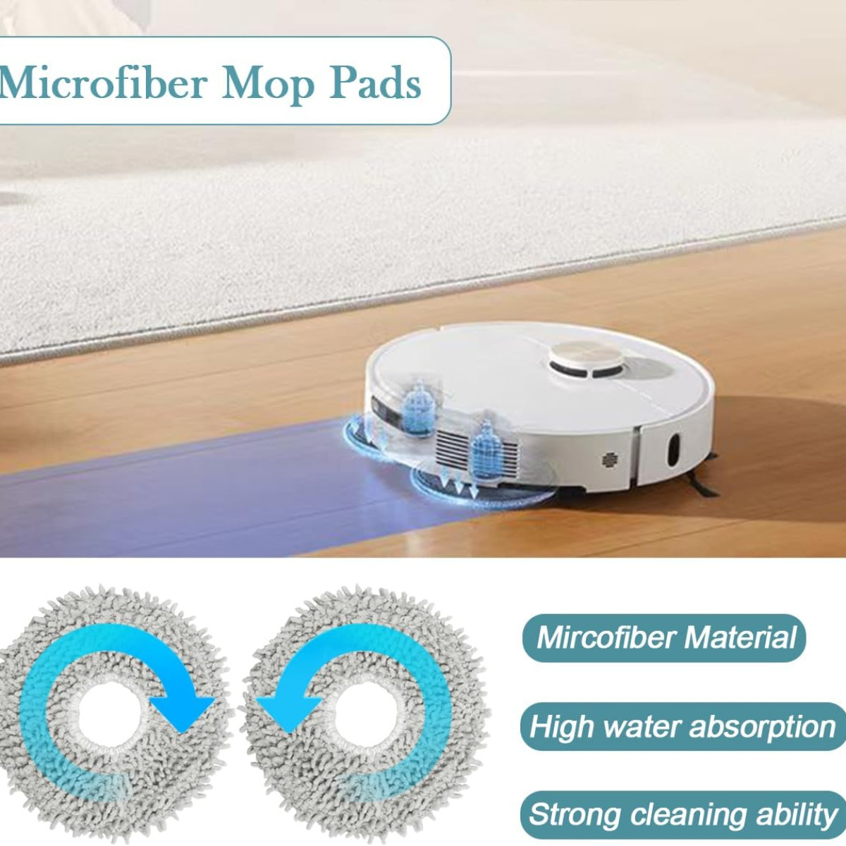 Un aspirapolvere robotico bianco su un pavimento di legno, che pulisce un percorso blu. Due panni in microfibra sono mostrati sotto, con etichette di testo.