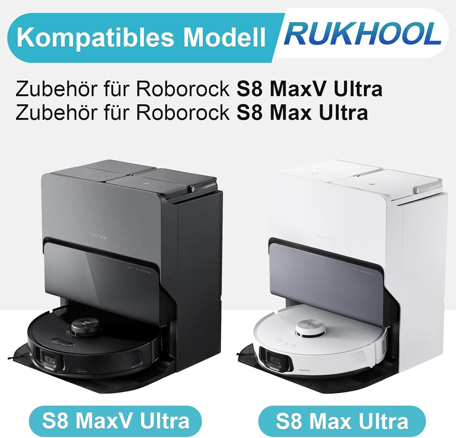L'immagine mostra due robot aspirapolvere, nero e bianco, con le loro stazioni di ricarica. Il testo indica che sono per S8 MaxV Ultra e S8 Max Ultra.