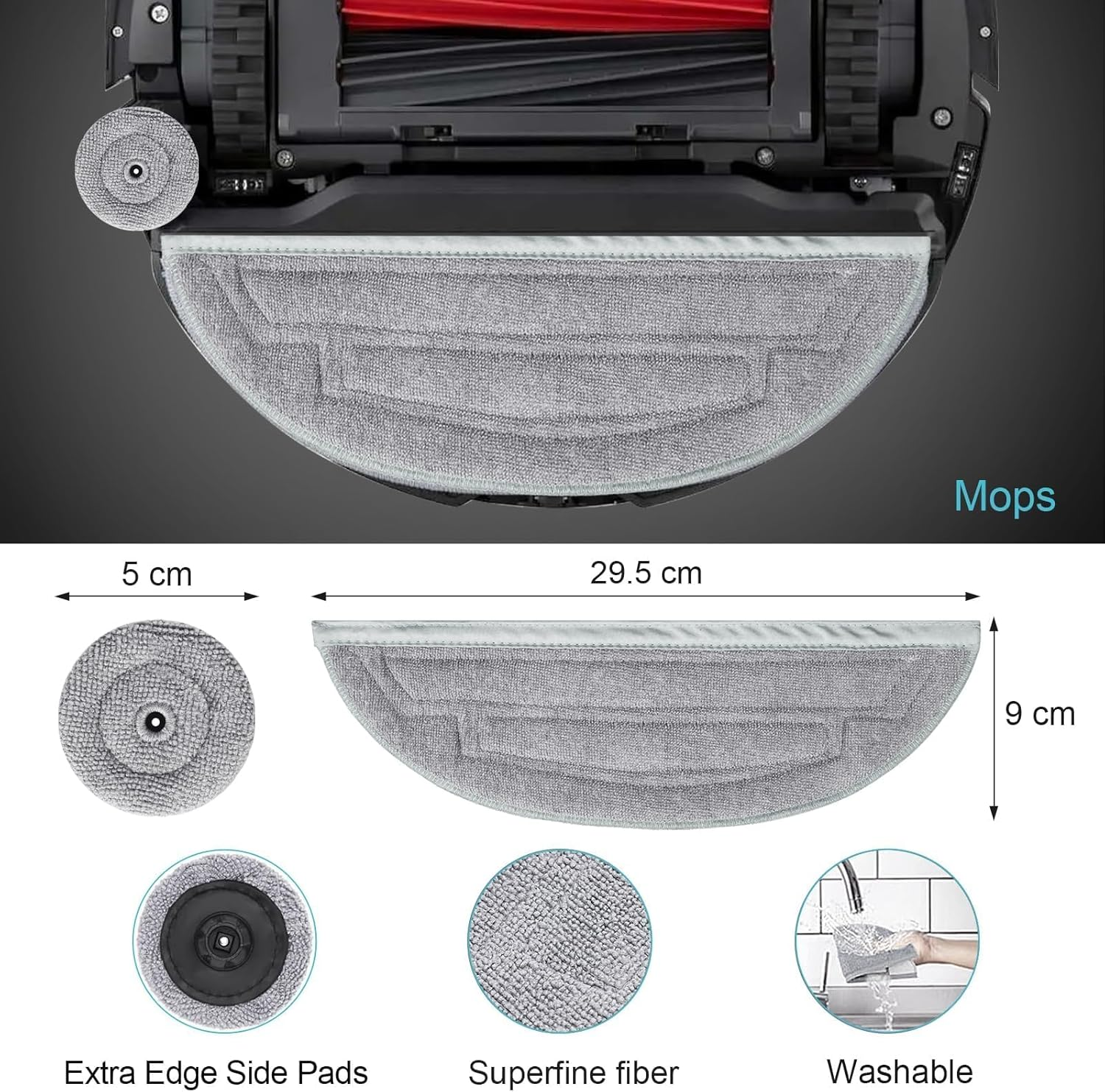 Mocio per aspirapolvere robot con cuscinetti laterali extra e panno in fibra superfina. Ha dimensioni di 29,5 cm x 9 cm. Lavabile.